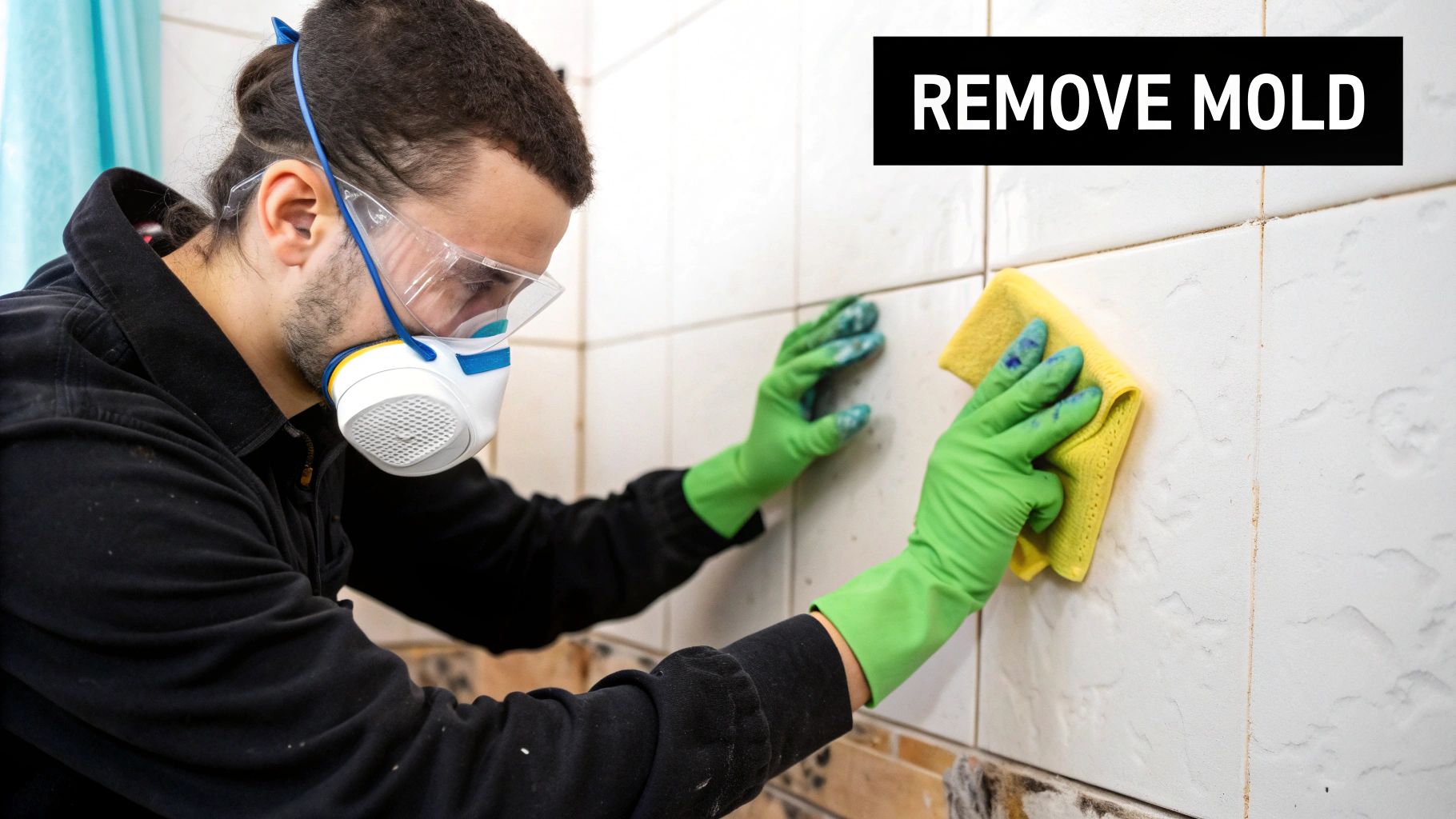 Person cleaning mold from bathroom tiles wearing a mask and gloves, with "REMOVE MOLD" text overlay.