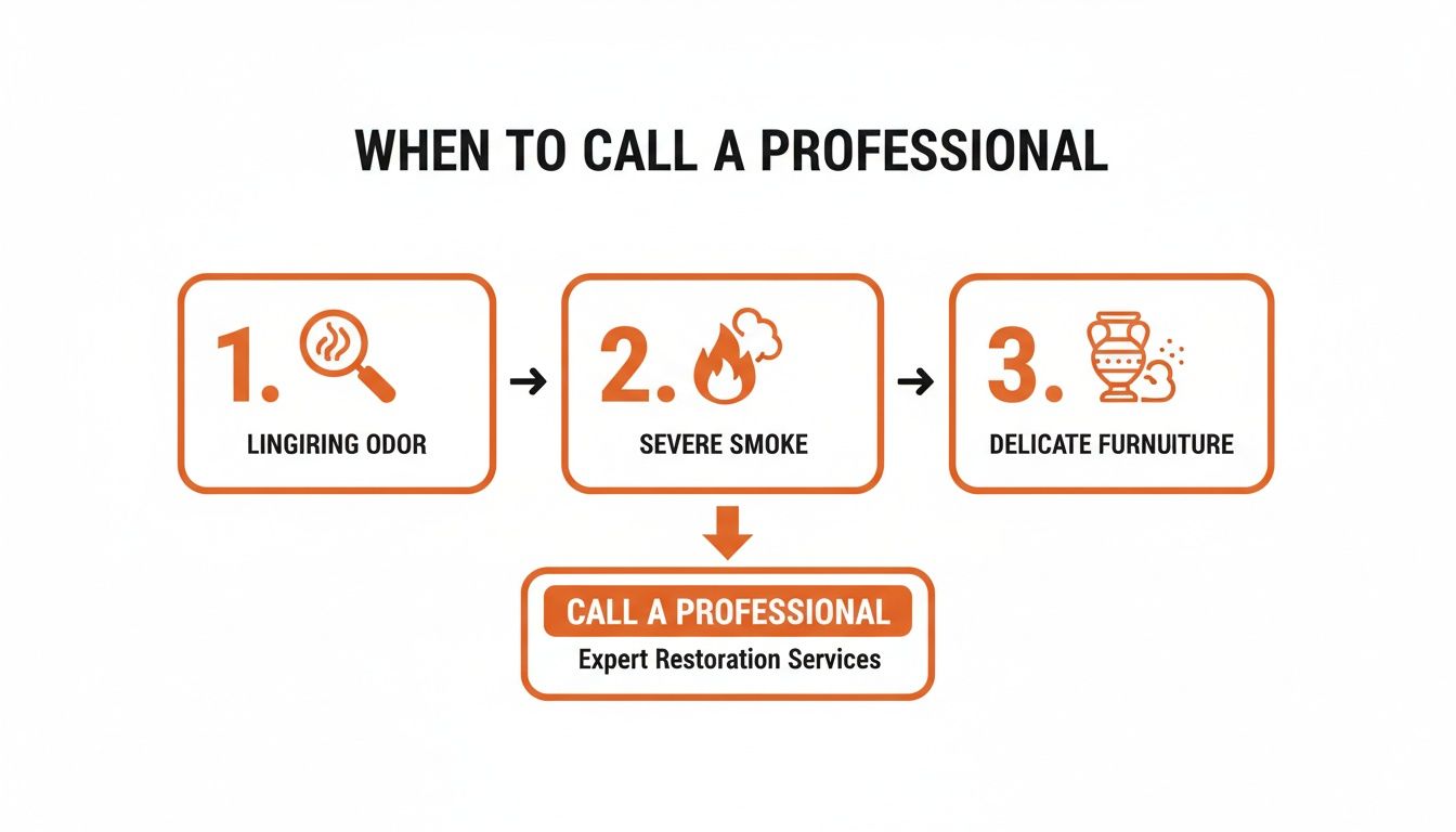 Flowchart outlining when to call a professional for restoration services due to lingering odor, severe smoke, or delicate furniture.
