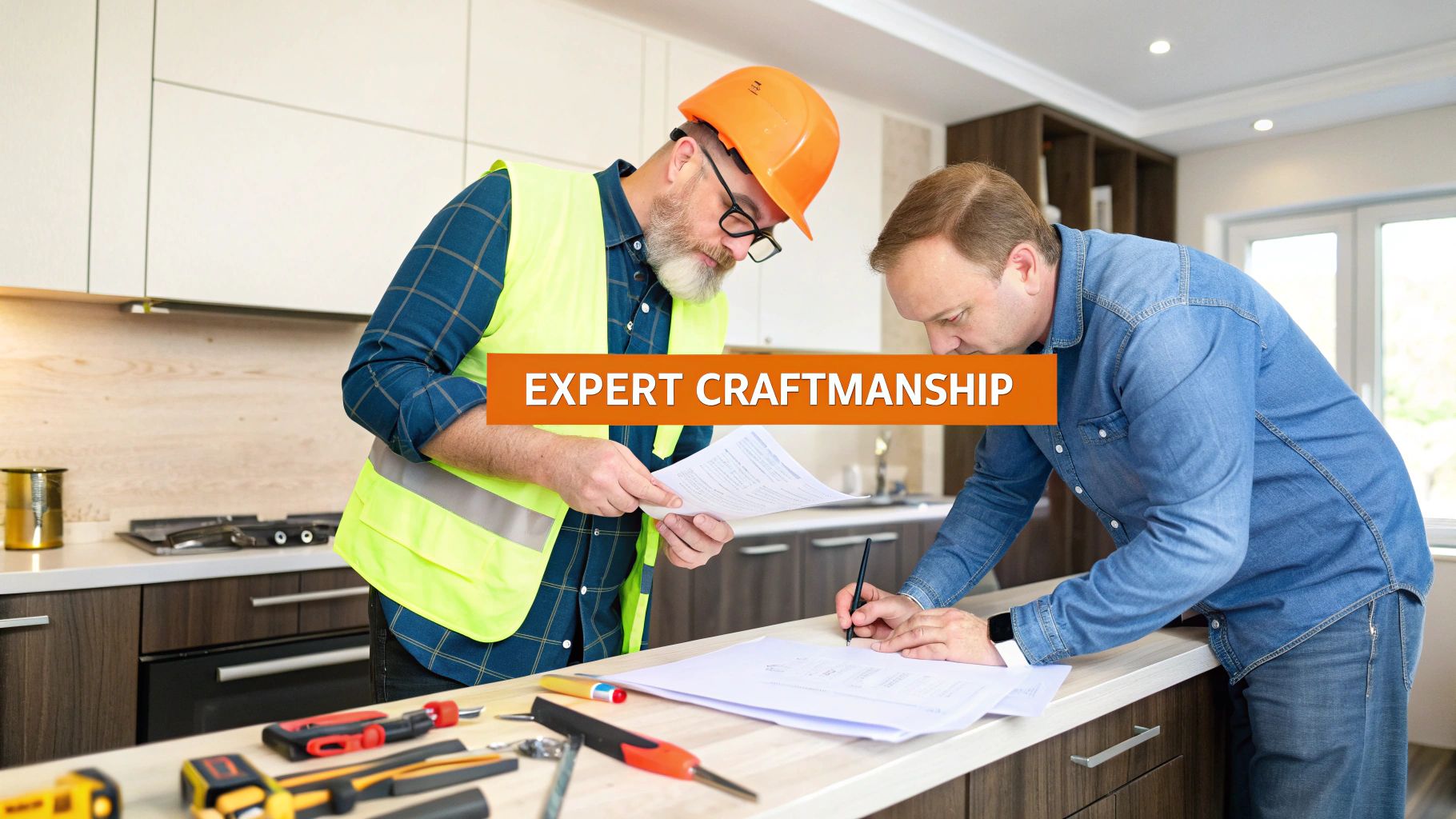 Two professionals, one a contractor, review plans in a modern kitchen with tools on the counter.