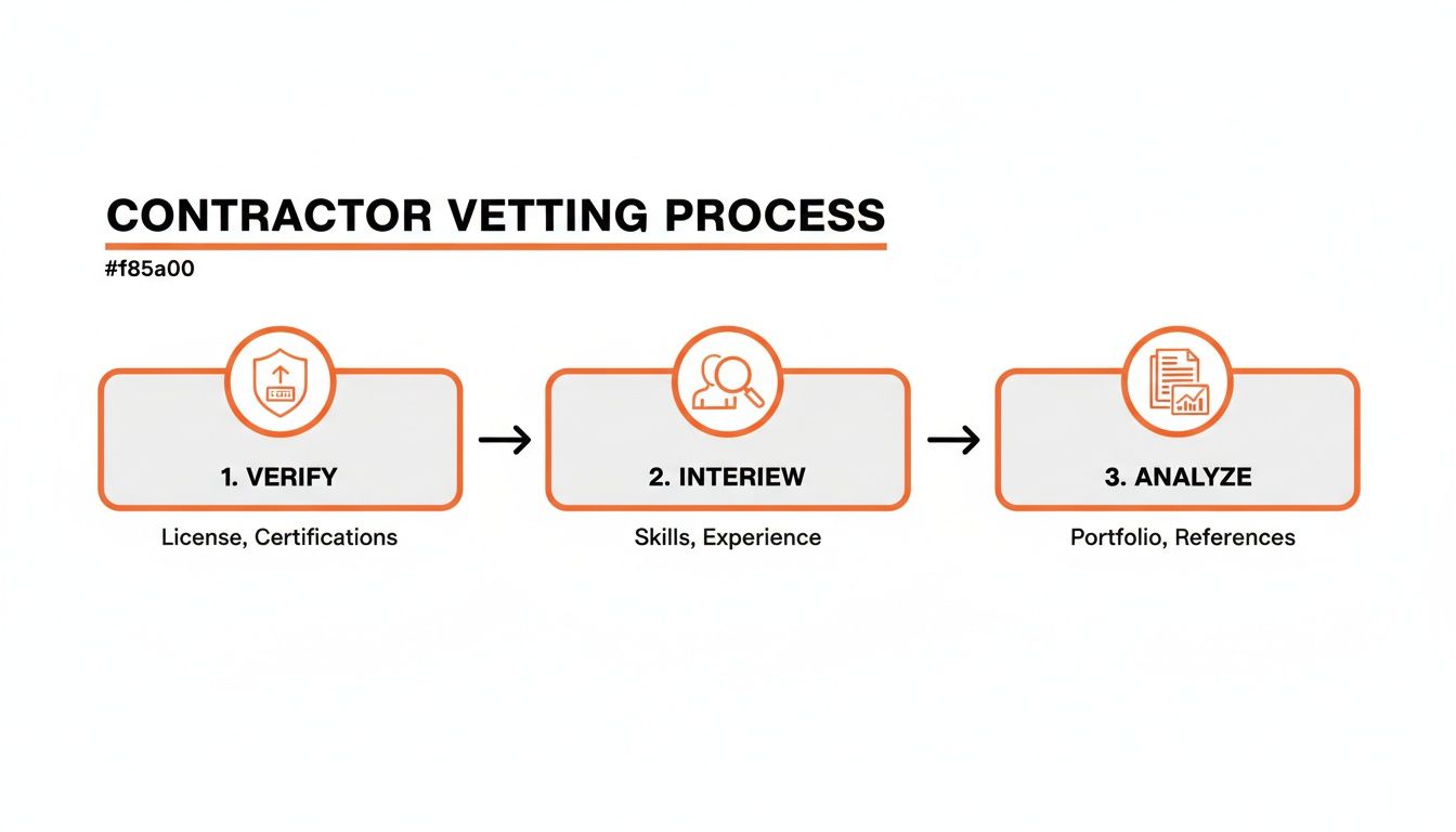 An infographic outlining a three-step contractor vetting process, including verify, interview, and analyze.