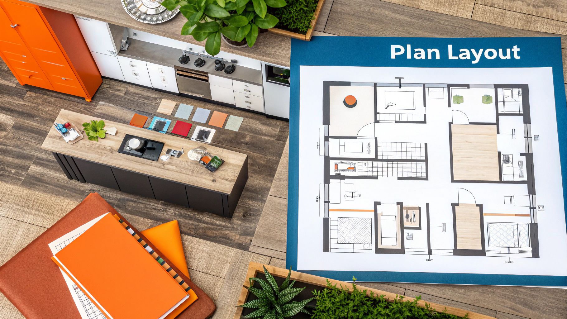 Kitchen island installation layout plan with design materials, orange accents, and greenery, emphasizing meticulous planning for functional kitchen remodeling in Orange County.