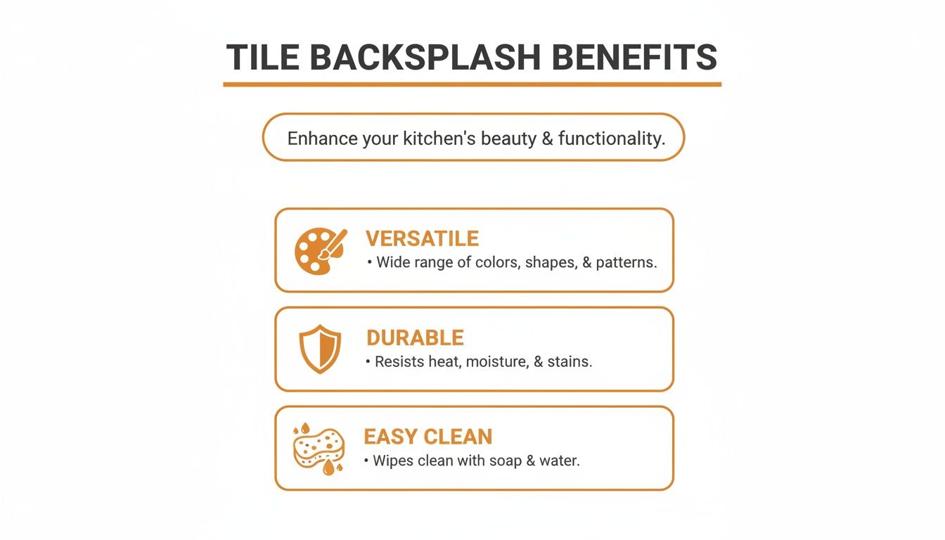 Infographic showing benefits of tile backsplash: versatility, durability, and easy cleaning for kitchens.