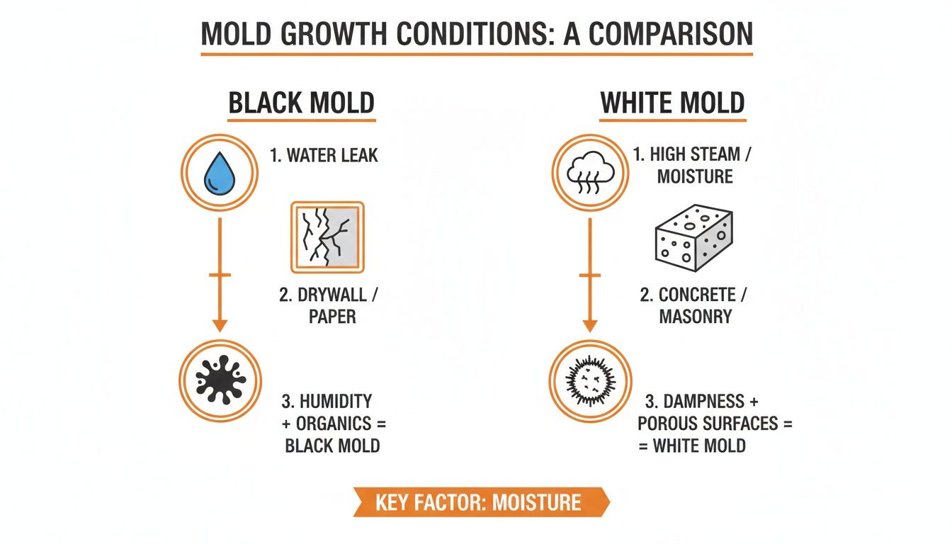 Diagram illustrating the conditions for black mold (water leak, drywall) and white mold (steam, concrete) growth, highlighting moisture.