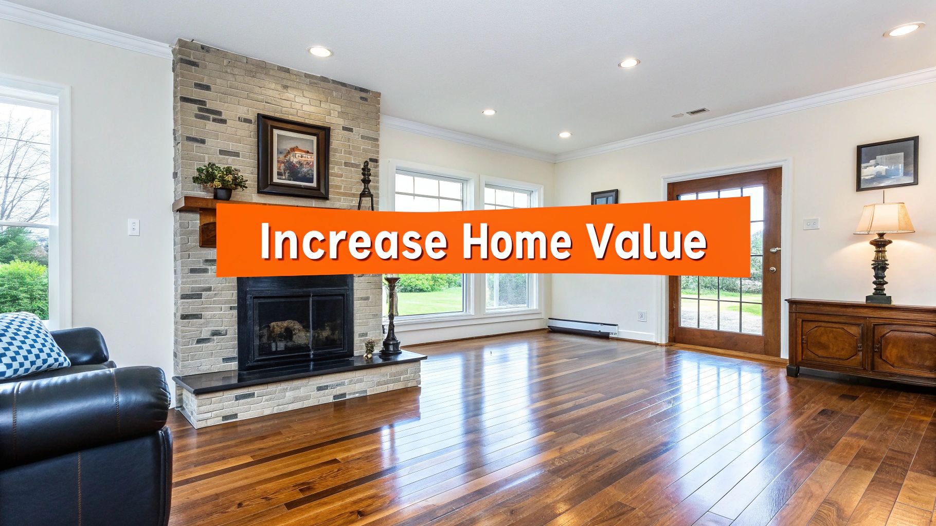 Living room with refinished hardwood floors, stone fireplace, and natural light, emphasizing increased home value.