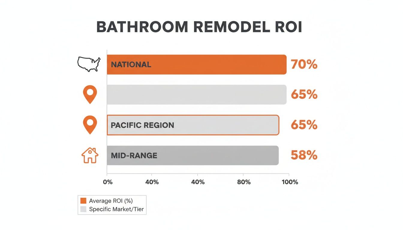 Bathroom remodel ROI chart showing national average at 70%, Pacific region and mid-range projects at 65% and 58% respectively, emphasizing financial returns on home remodeling investments.