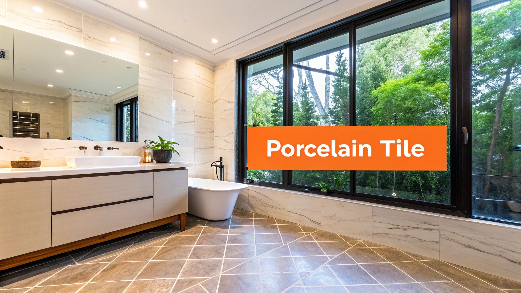 A luxurious modern bathroom featuring white marble-look wall tiles and unique geometric floor tiles.