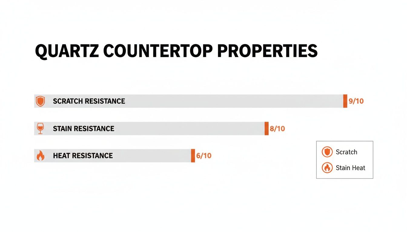 Quartz countertop properties chart highlighting scratch resistance (9/10), stain resistance (8/10), and heat resistance (6/10) with icons for each category, emphasizing durability for luxury kitchens.