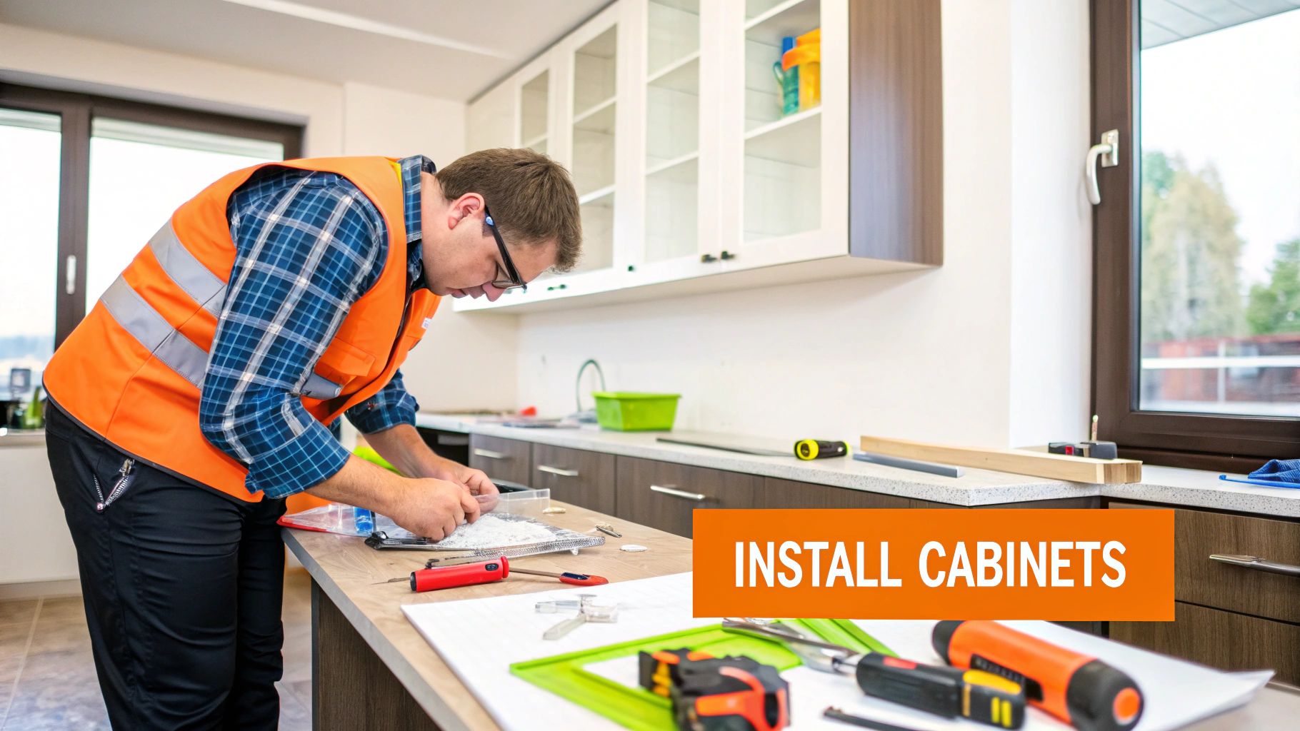 Man in safety vest installing kitchen cabinets with tools on countertop, emphasizing professional kitchen renovation process.