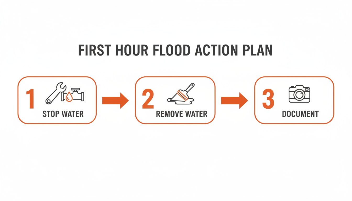 A three-step first hour flood action plan showing how to stop, remove, and document water.