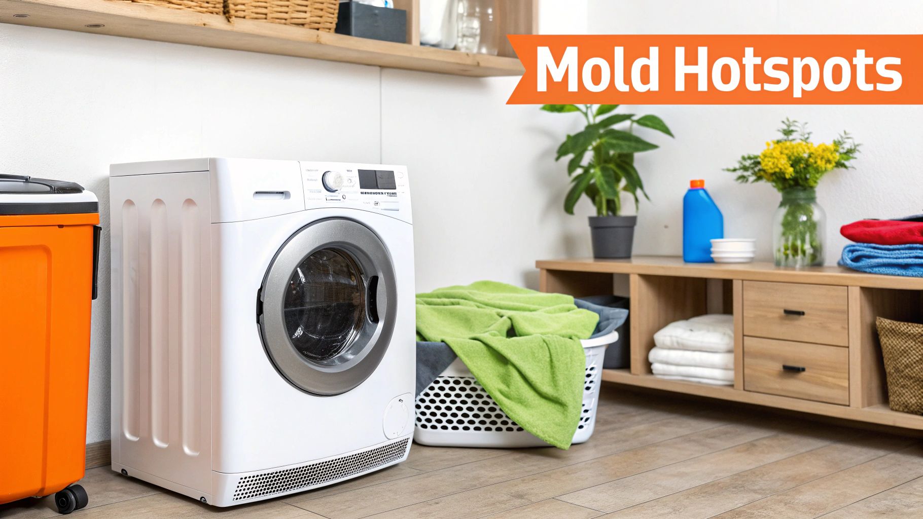 Washing machine in laundry room with mold prevention tips, featuring green towels, cleaning supplies, and a focus on managing moisture to prevent mold growth in Orange County.