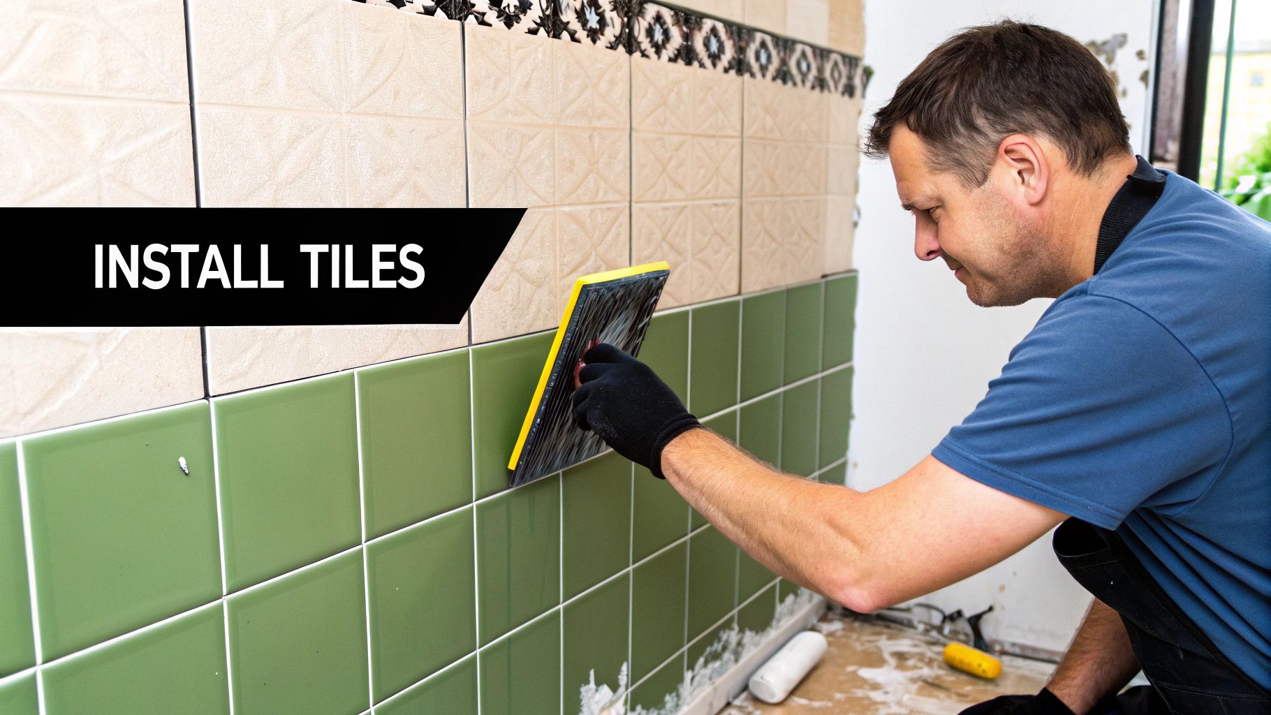 Man installing green tiles on a shower wall, demonstrating professional tile installation techniques with a focus on precision and craftsmanship.