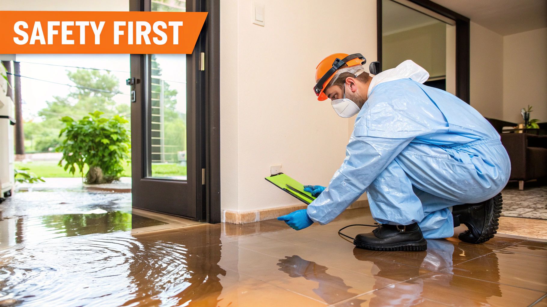 Water damage restoration professional in protective gear assessing flooded area, with "SAFETY FIRST" banner, highlighting emergency response and mitigation efforts.