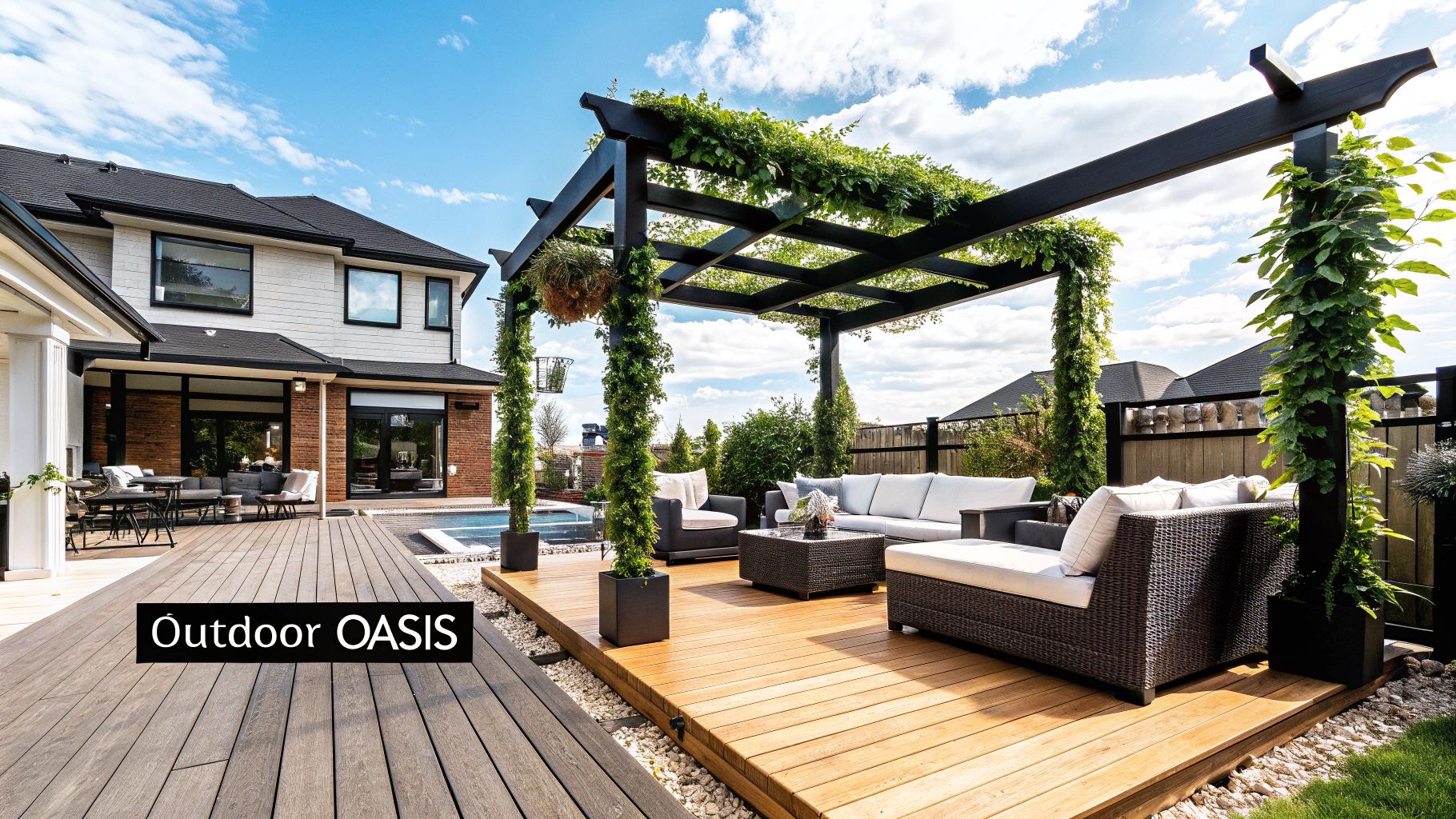 Outdoor living space featuring a stylish pergola with greenery, comfortable seating area, and wooden deck, emphasizing a luxurious and functional design for relaxation and entertainment.