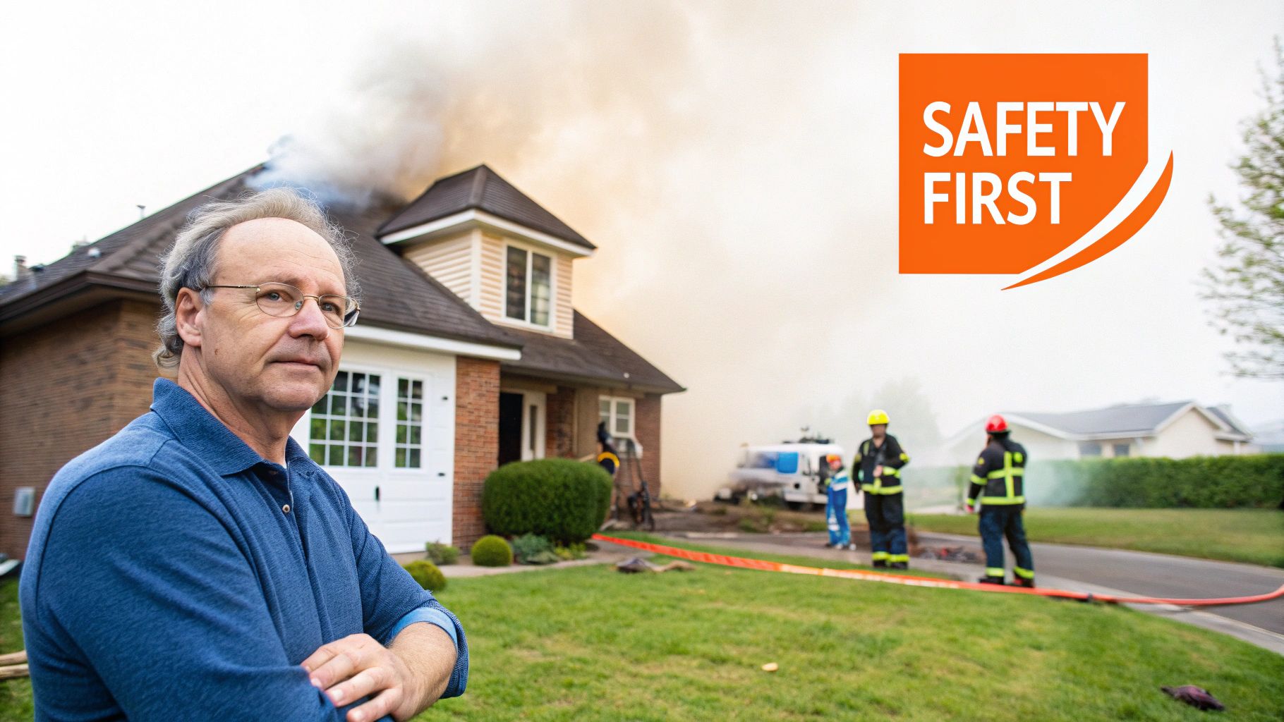 A concerned man in a blue shirt stands before a burning house with smoke, firefighters, and a safety logo.