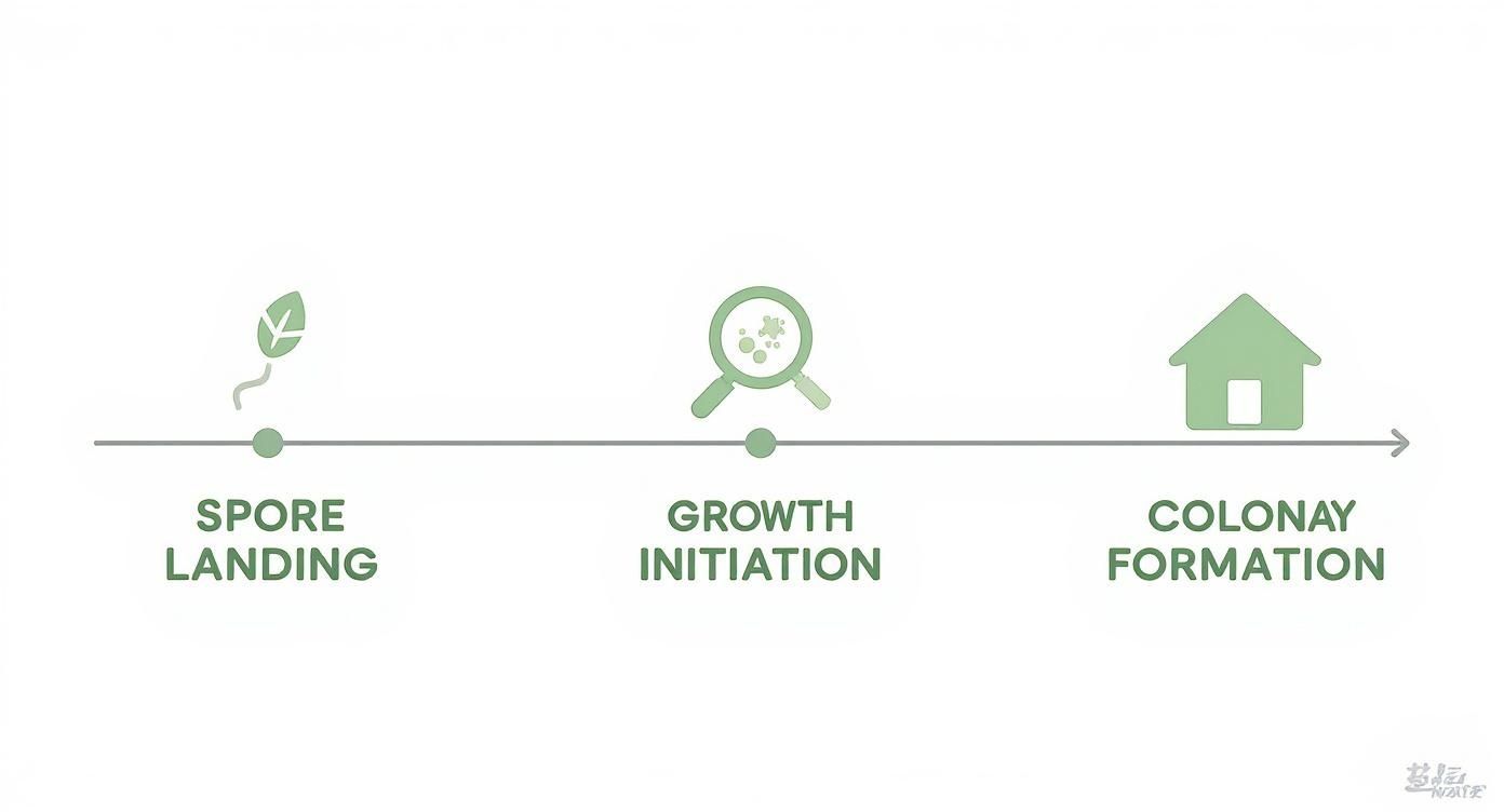 A three-step timeline illustrating spore landing, growth initiation, and colony formation.
