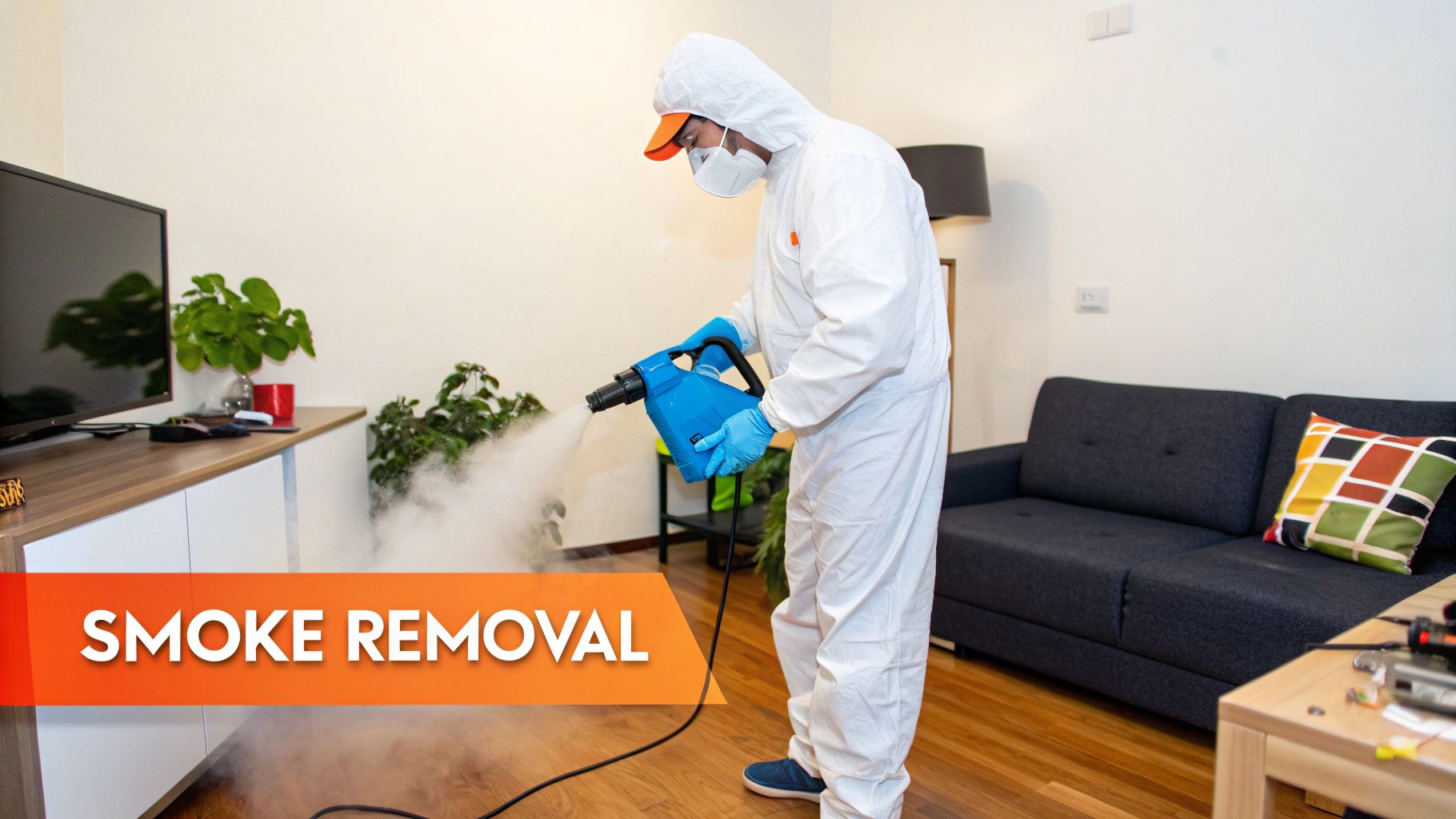 A person in a hazmat suit and mask uses a fogging machine to remove smoke from a living room.