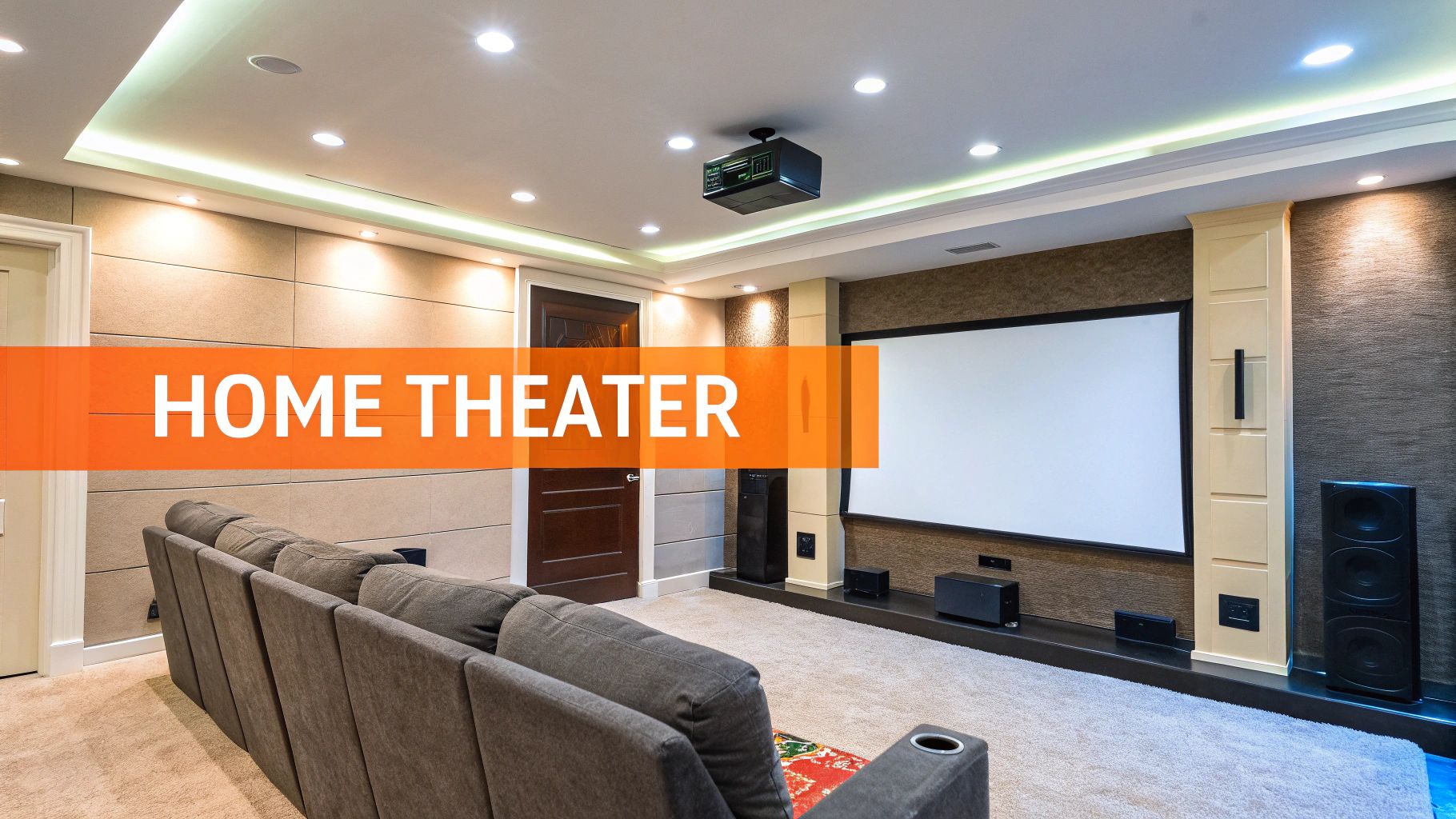 A luxurious home theater room with a large screen, comfortable reclining sofas, and a ceiling projector.