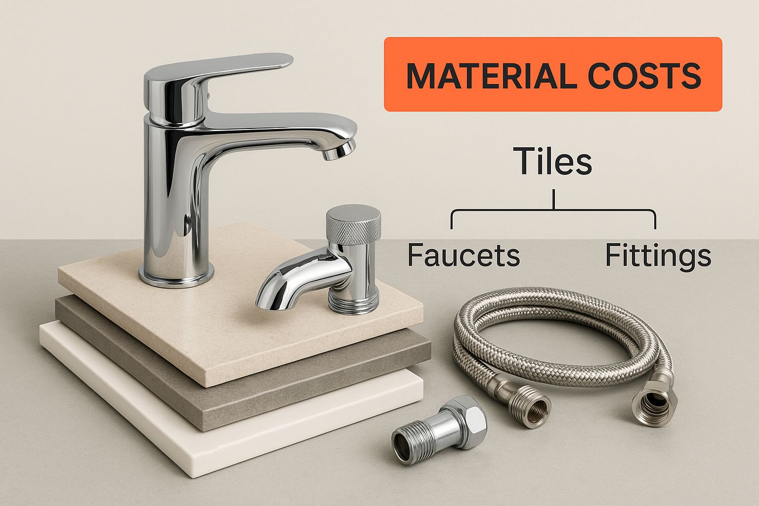 Modern bathroom faucet and fittings displayed on stacked tiles, with the text "MATERIAL COSTS" highlighting key elements for bathroom renovation budgeting, including tiles, faucets, and fittings.