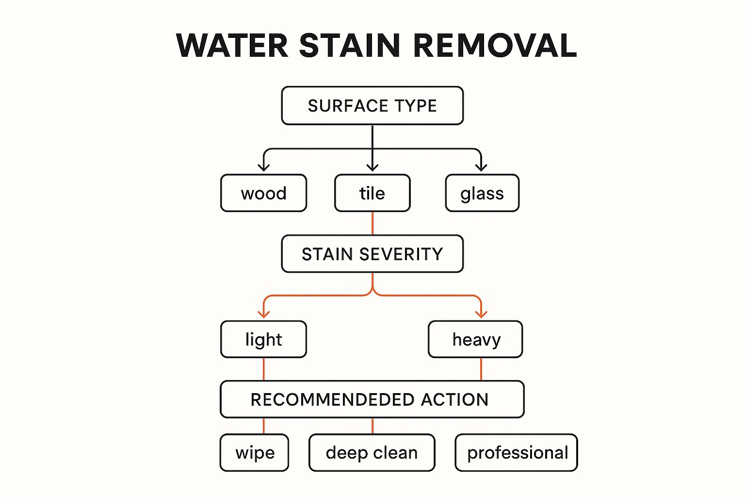 Water stain removal decision tree diagram illustrating surface types, stain severity, and recommended actions for effective water damage management.