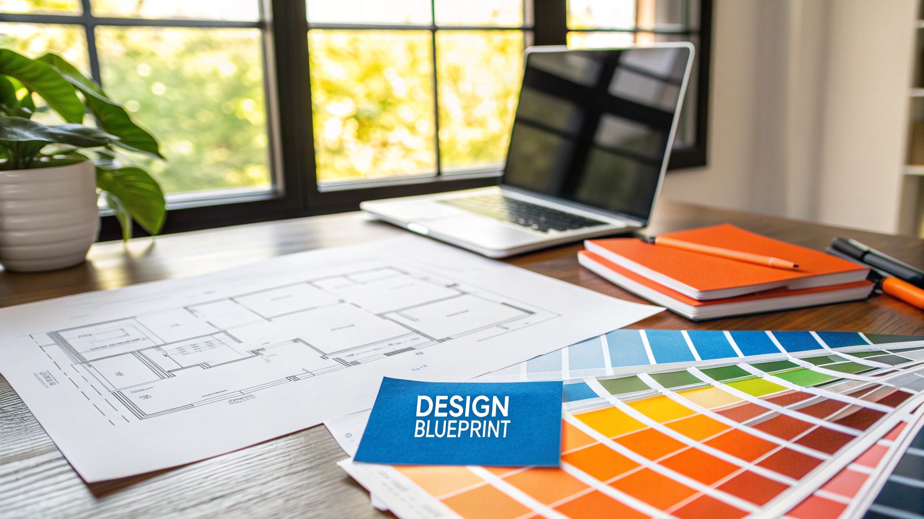 Design blueprint and color palette on a wooden table, with a laptop and notebooks, symbolizing kitchen cabinet modernization planning for homeowners.