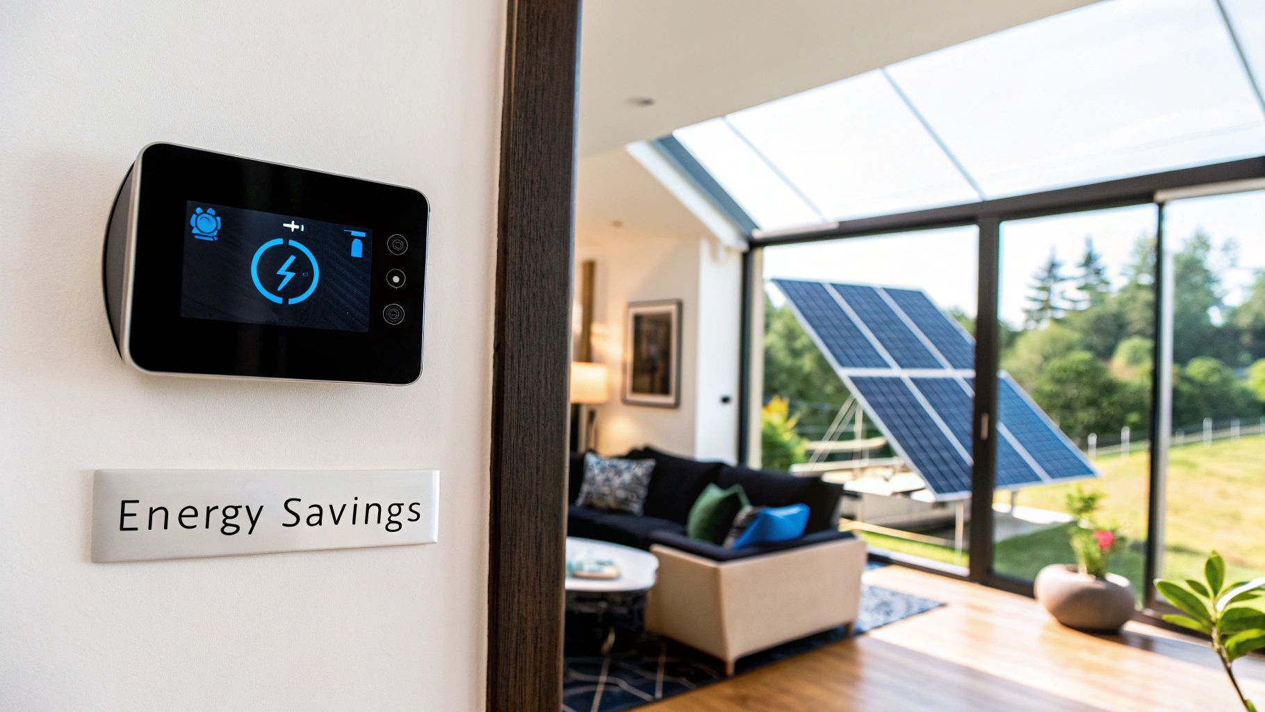 Smart energy monitor displaying energy savings, with solar panels visible through large windows, emphasizing sustainable technology in modern home design.