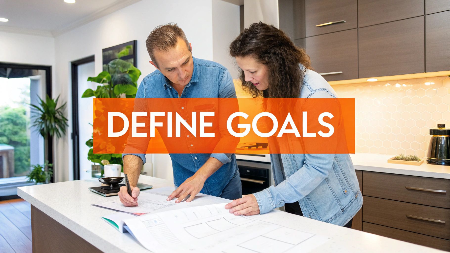 Couple discussing kitchen remodel plans at a countertop with design documents, surrounded by modern kitchen elements, emphasizing the importance of defining goals in home renovations.