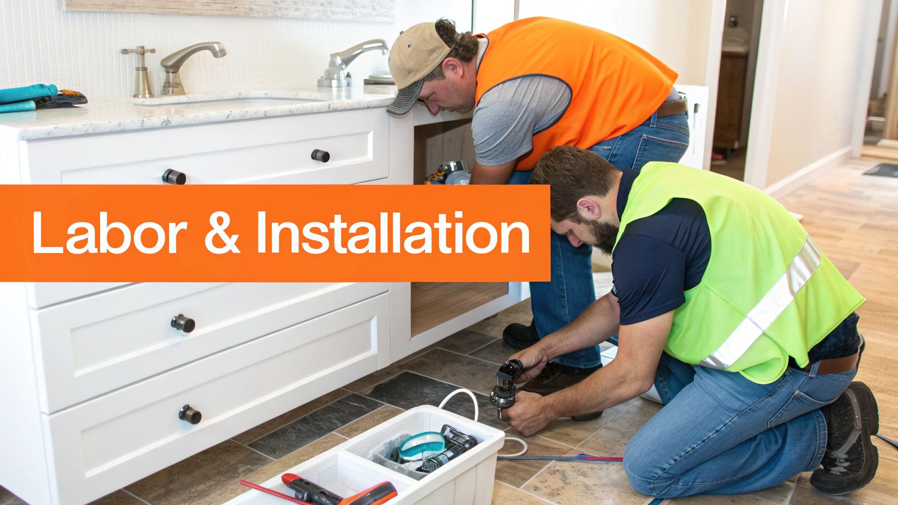 Two contractors in safety vests working on bathroom installation, focusing on plumbing and fixtures, with tools and a white toolbox visible, emphasizing labor and installation in a bathroom remodel context.