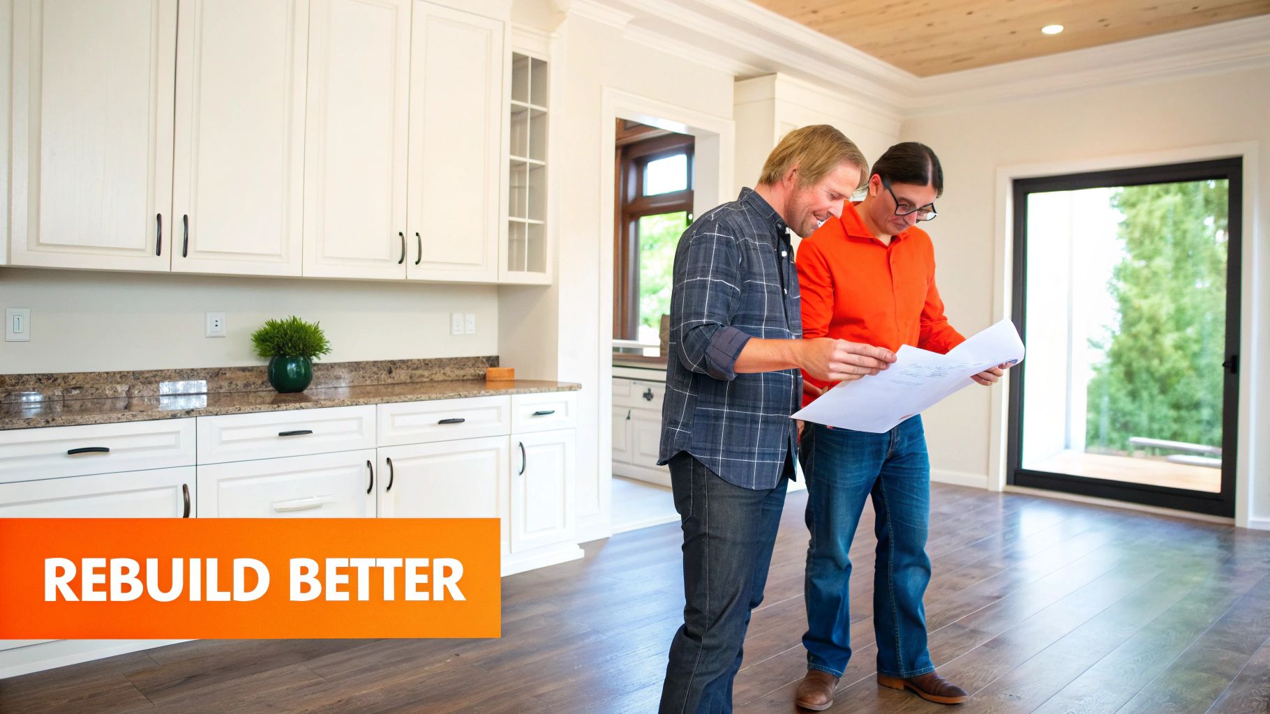 Two men reviewing renovation plans in a modern kitchen, emphasizing the concept of "Rebuild Better" after water damage restoration.