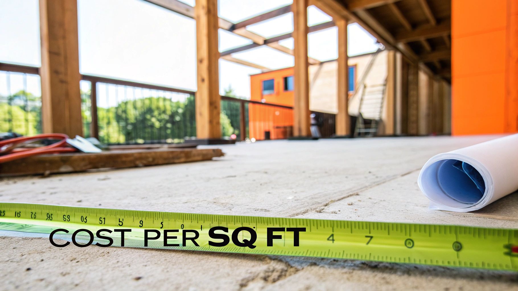 Cost per square foot measurement tape on a construction site with renovation plans rolled up, highlighting budgeting for basement bathroom installation.