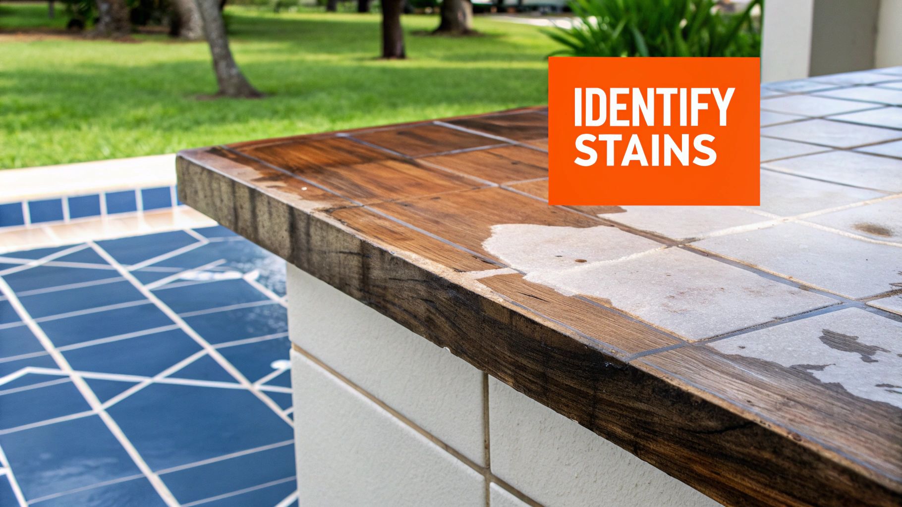 Wood surface with water stains and "IDENTIFY STAINS" text overlay, illustrating common water damage issues relevant to stain removal and restoration services.