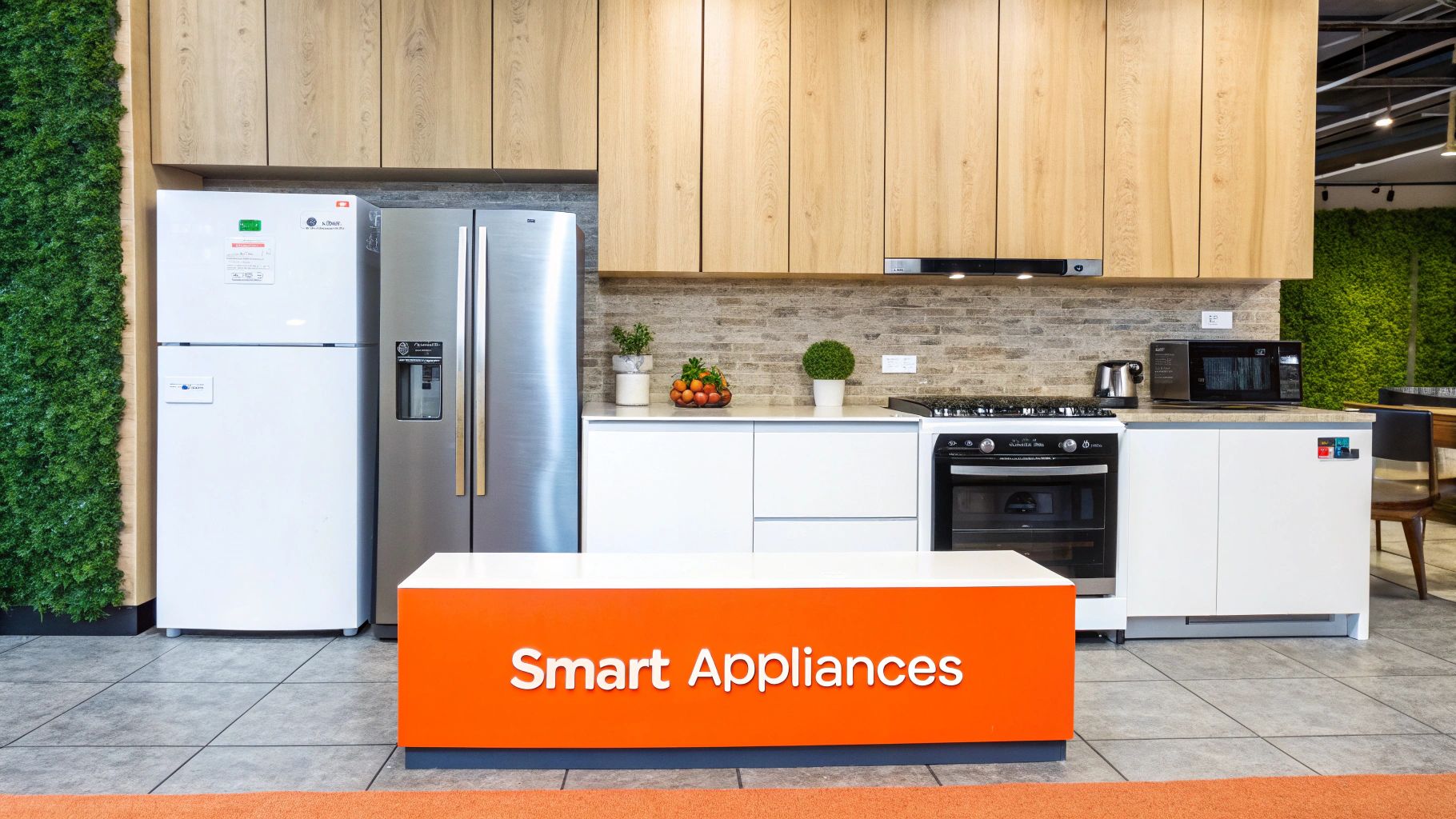 Modern kitchen display featuring stainless steel refrigerator, gas stove, and white cabinetry with a vibrant orange sign reading "Smart Appliances," surrounded by decorative plants and stone backsplash, emphasizing quality appliance selection for kitchen remodeling.