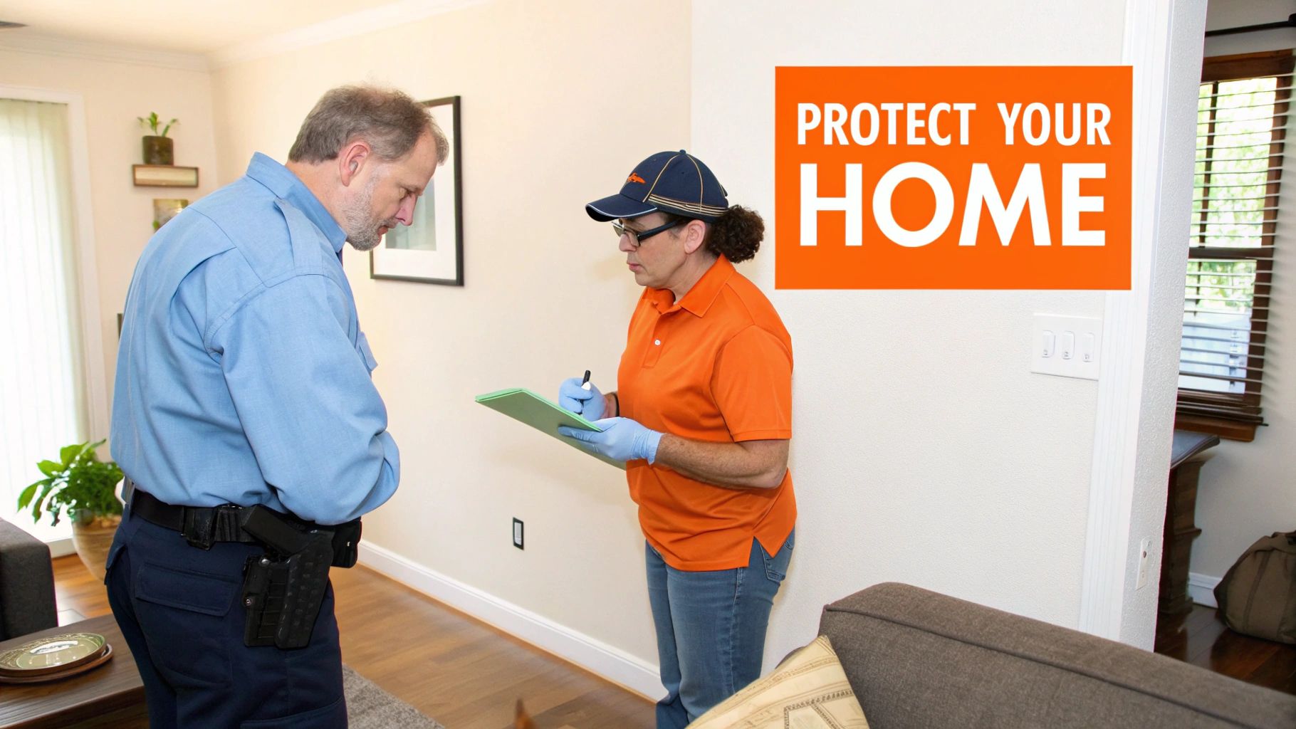 Professional mold treatment consultation in Orange County, technician in orange shirt and gloves taking notes, emphasis on protecting home.