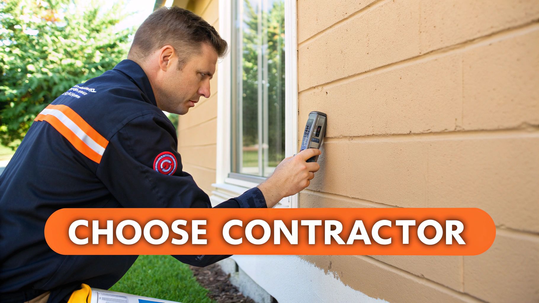 Professional contractor assessing water damage on exterior wall using moisture meter, with "Choose Contractor" text overlay.