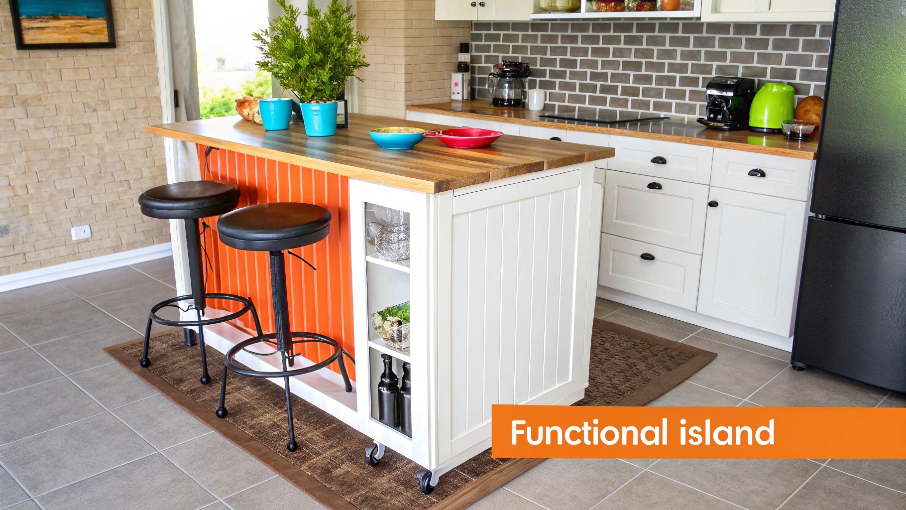 Functional kitchen island with bar stools, integrated storage, and vibrant orange accent, enhancing galley kitchen design and functionality.
