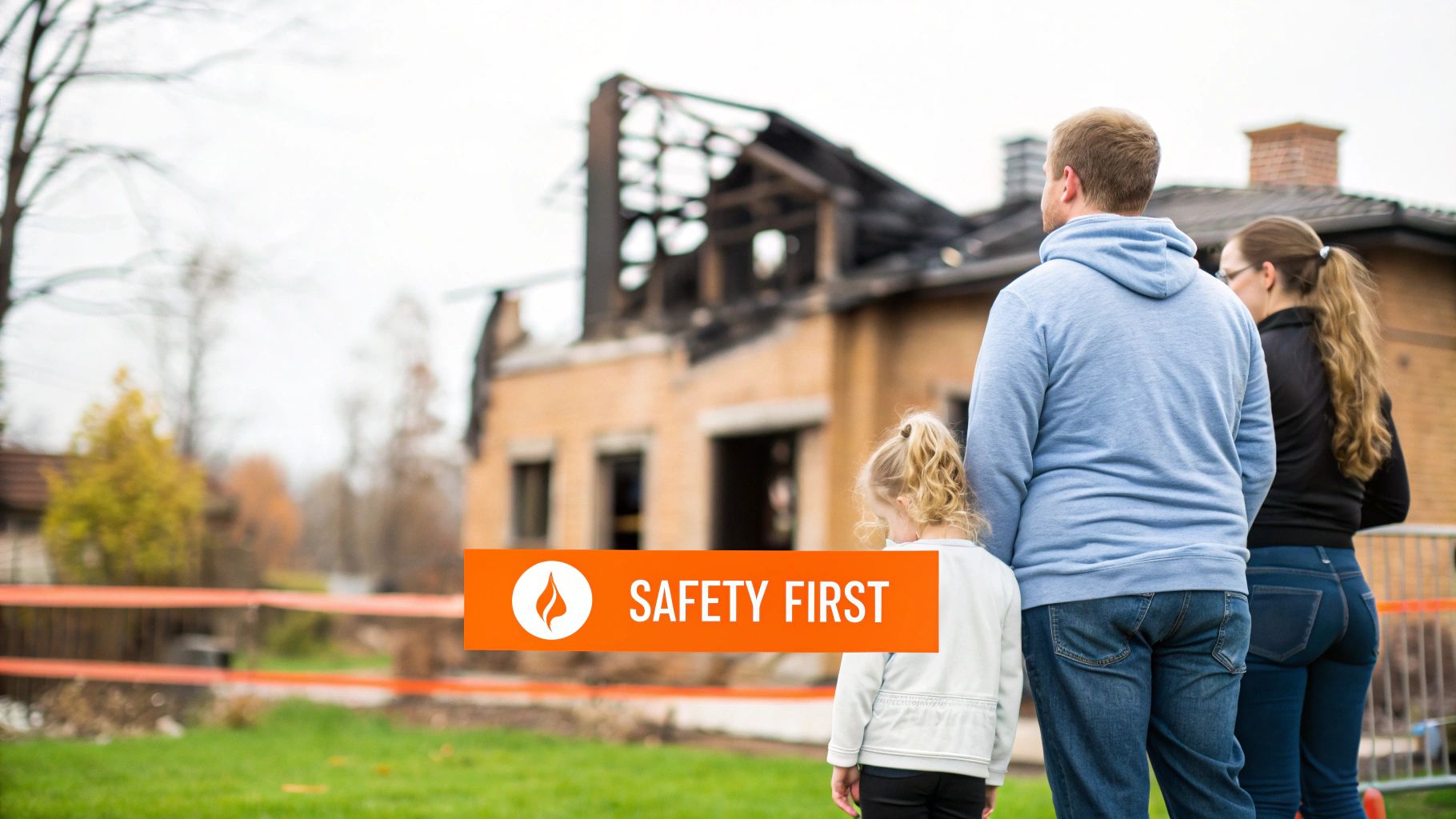 Family standing outside a burned house, observing the damage, with a prominent "SAFETY FIRST" banner, emphasizing the importance of safety after a house fire.