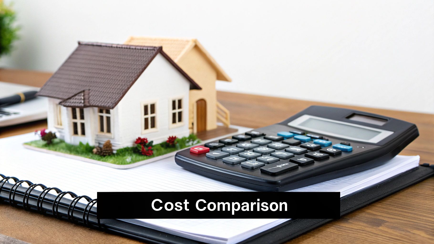 Model house and calculator on notebook, symbolizing cost comparison for home renovations and the roles of architects and contractors in project budgeting.