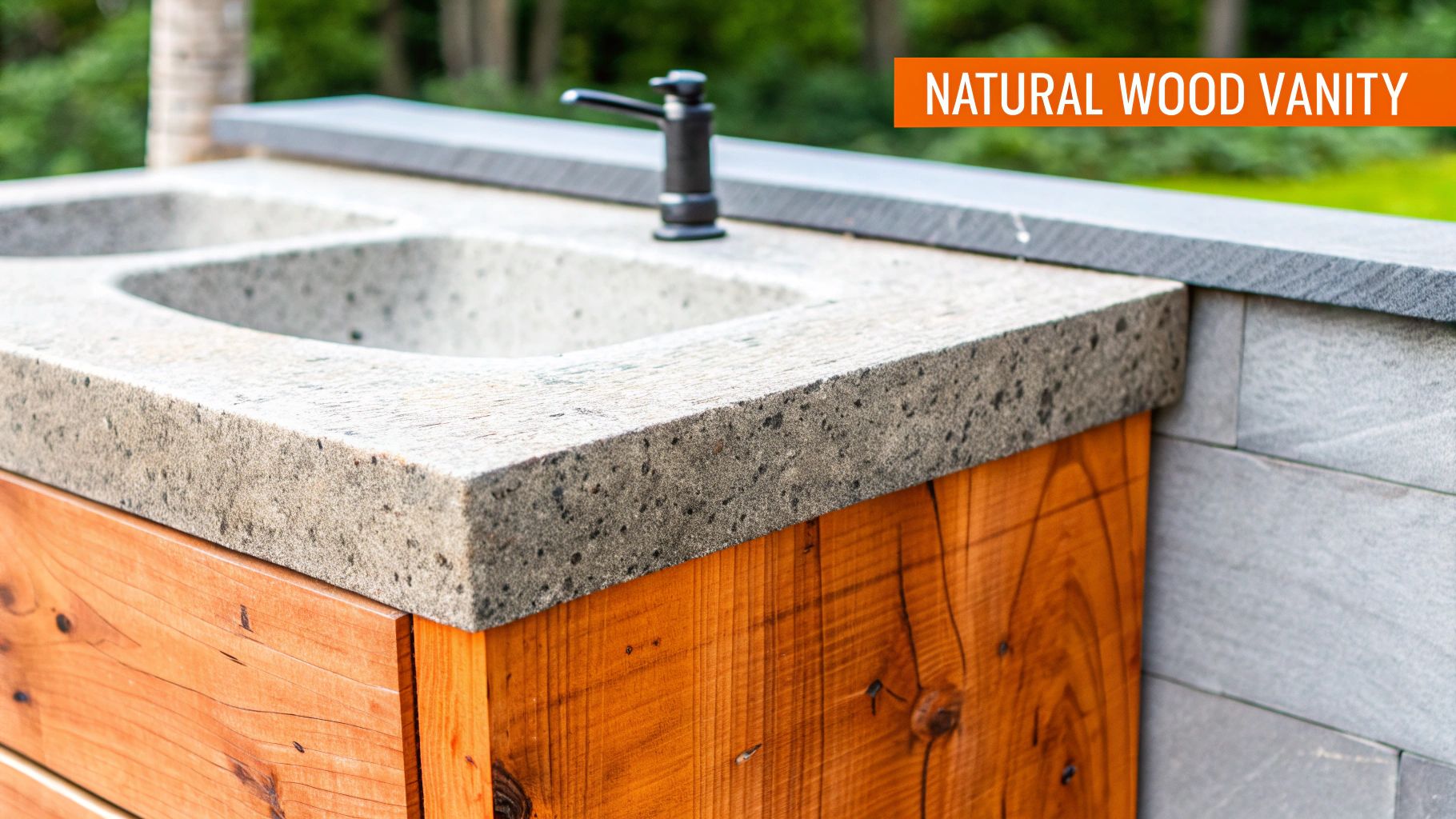 Natural wood vanity with polished concrete countertop and modern faucet, showcasing sustainable materials in contemporary bathroom design.
