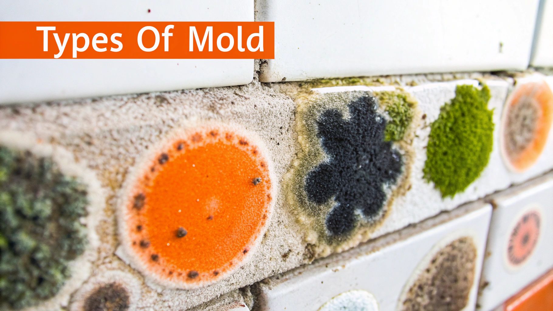 Close-up of various types of mold on tiles, featuring orange, black, and green mold growth, with the text "Types Of Mold" prominently displayed.
