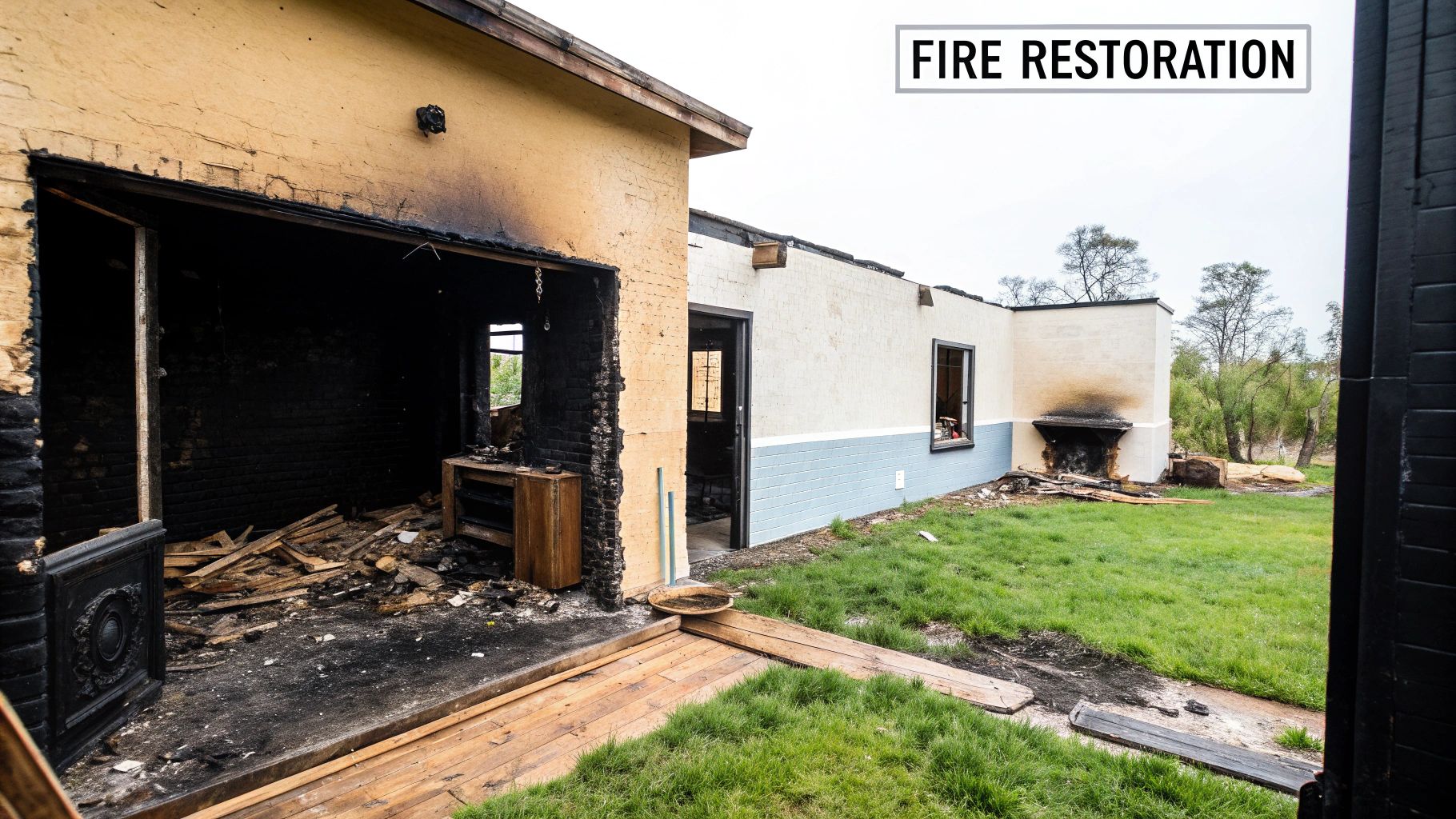 Fire-damaged exterior of a house showing charred walls and debris, emphasizing the need for professional fire restoration services.