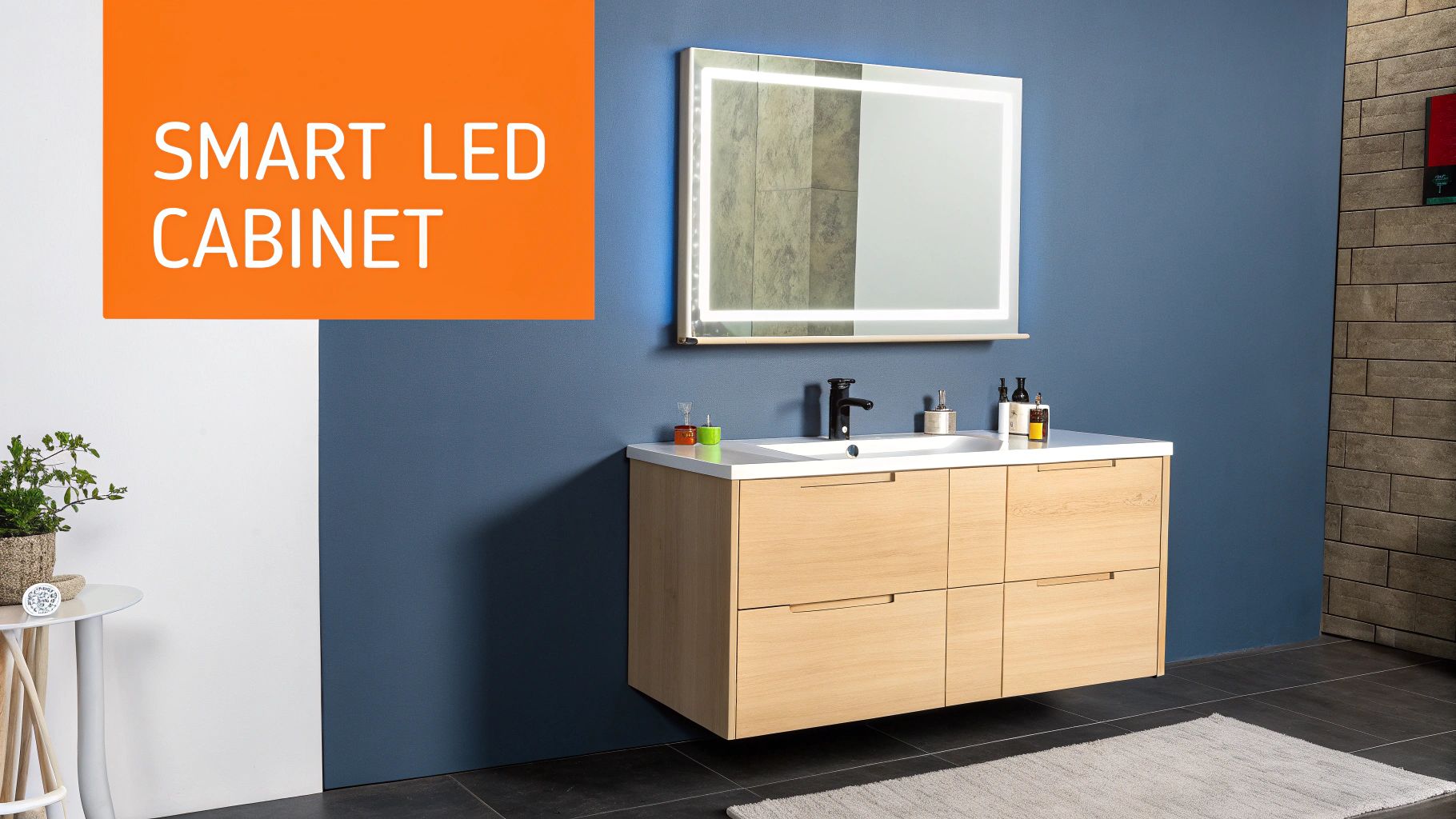 Smart LED cabinet with integrated lighting, minimalist design, and modern bathroom aesthetic, featuring a sleek countertop and decorative plants, enhancing spa-like ambiance.