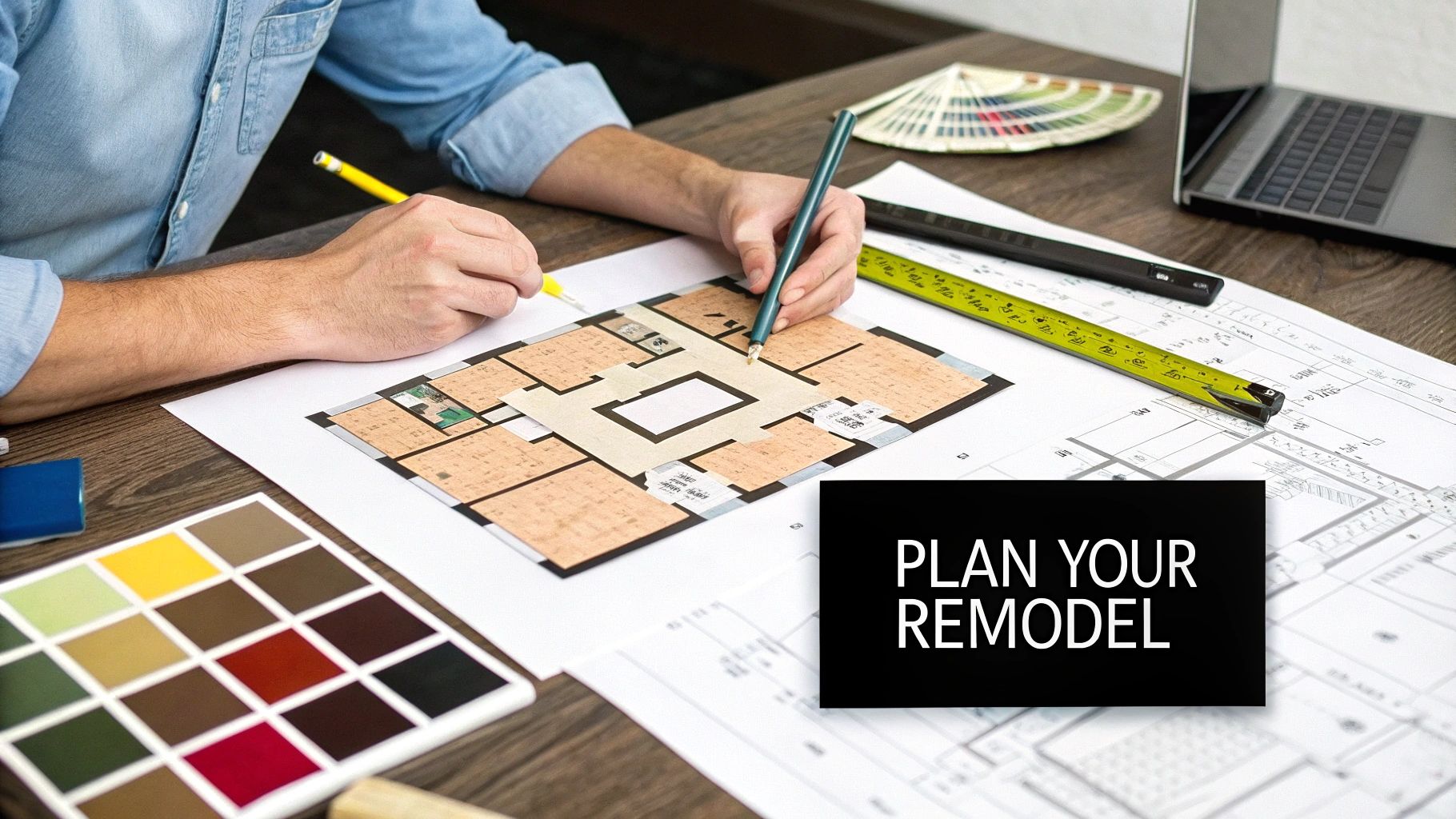 Person drawing on a floor plan with color swatches and tools, emphasizing planning for a shower tile remodel.