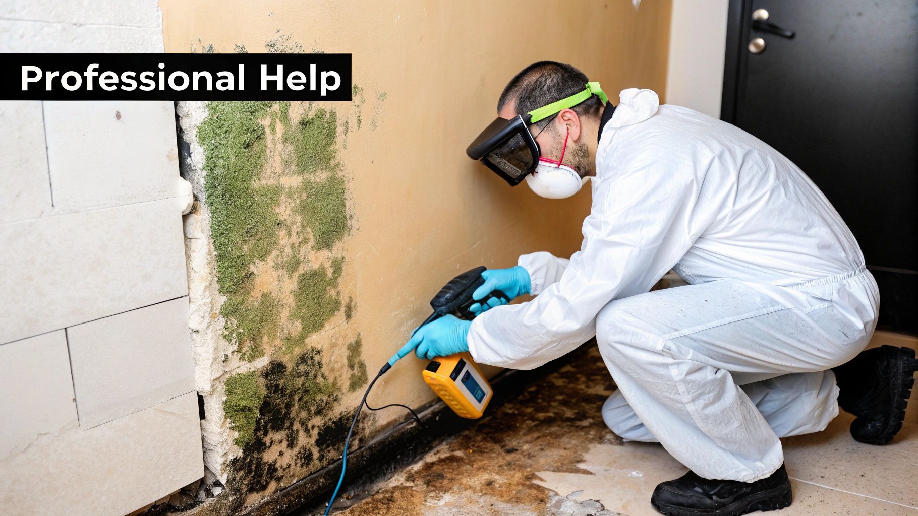 Professional in protective gear inspecting mold on wall with moisture meter, highlighting the importance of expert mold remediation services.