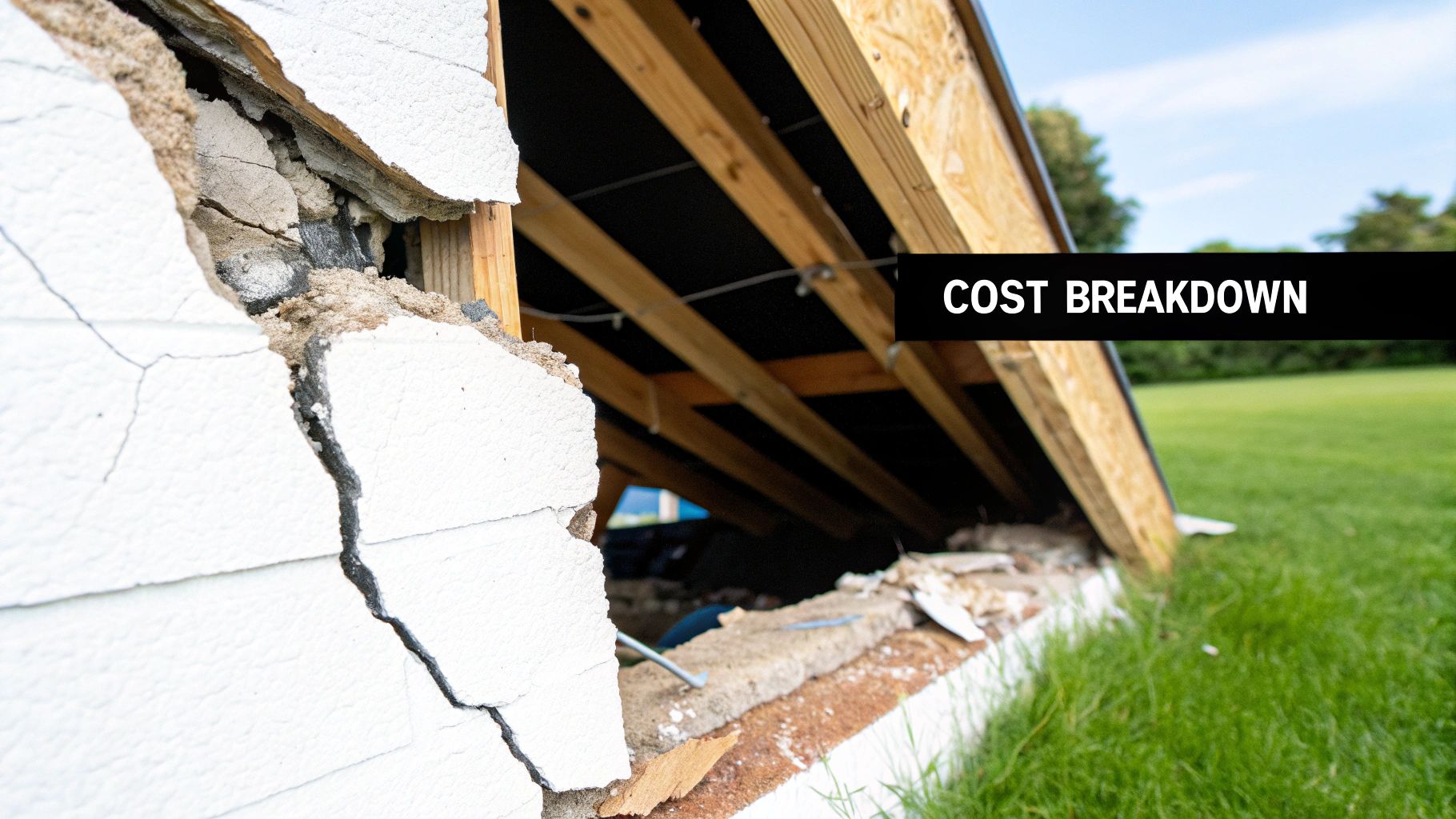 Cracked wall section revealing water damage and debris, with "COST BREAKDOWN" text overlay, highlighting repair costs related to water damage restoration.