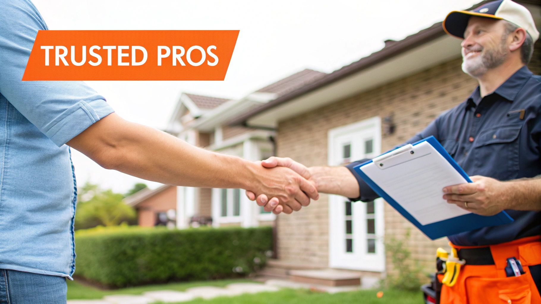 Two men, one a trusted professional with a clipboard, shaking hands in front of a house.