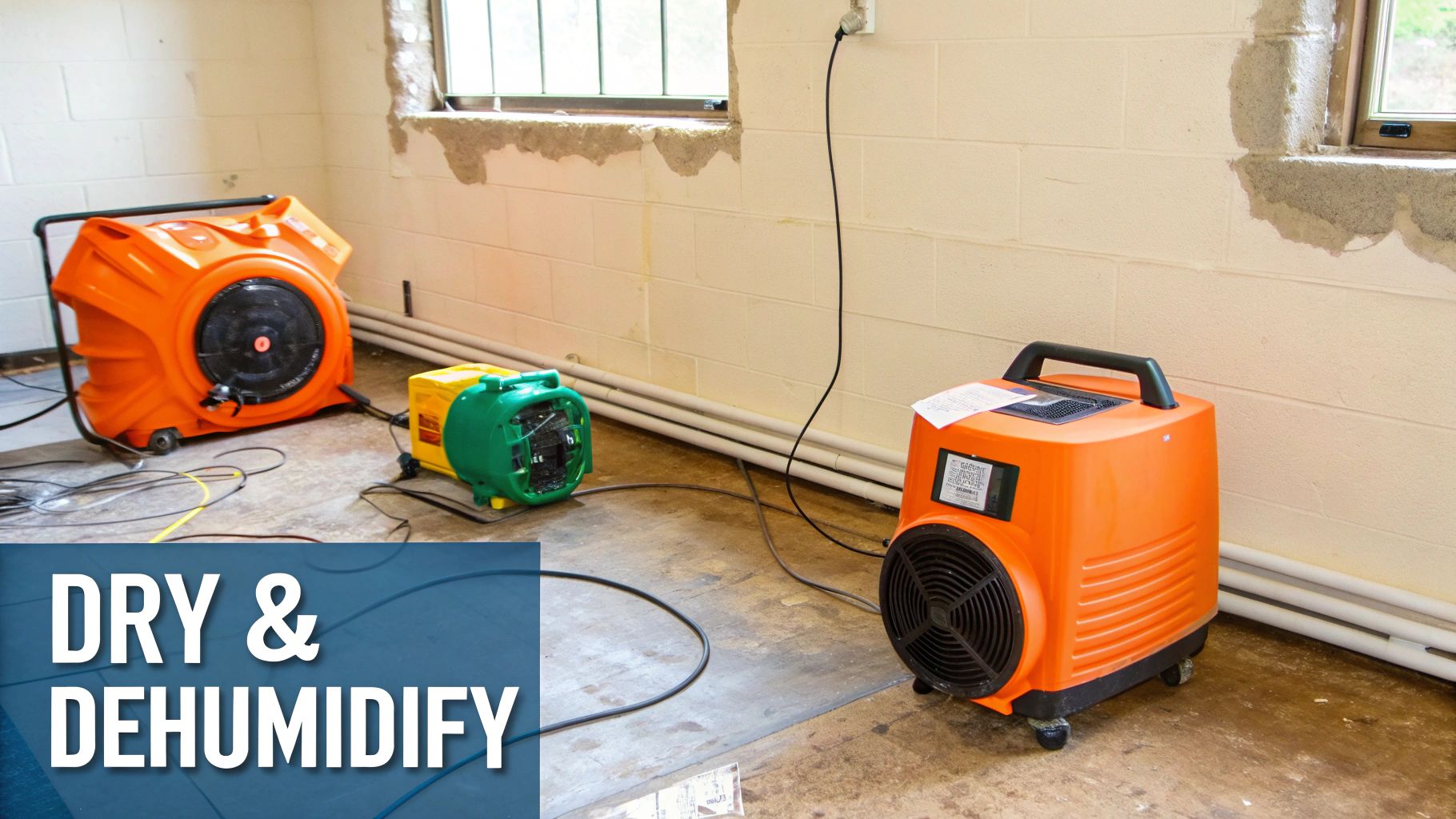 Drying and dehumidifying equipment in a water-damaged room, showcasing orange and green machines for effective moisture removal.