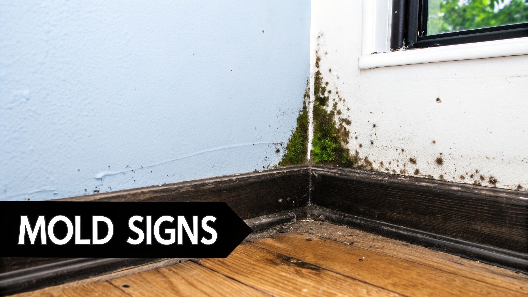 Mold signs in a corner of a room, showing dark mold growth on the wall and floor, emphasizing the dangers of mold due to water damage.