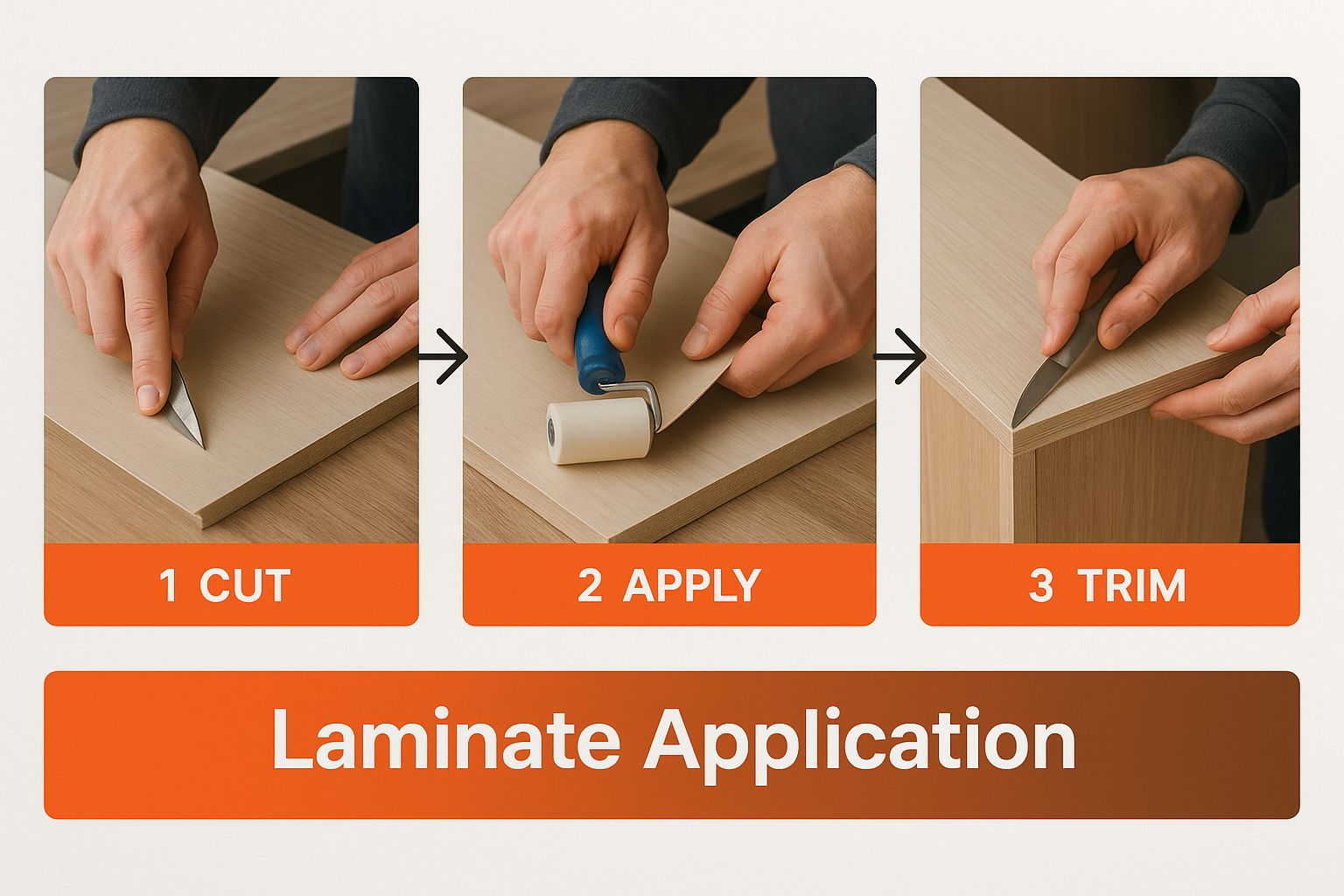 Hands demonstrating three steps in laminate application: cutting laminate, applying it with a roller, and trimming excess for a professional finish.