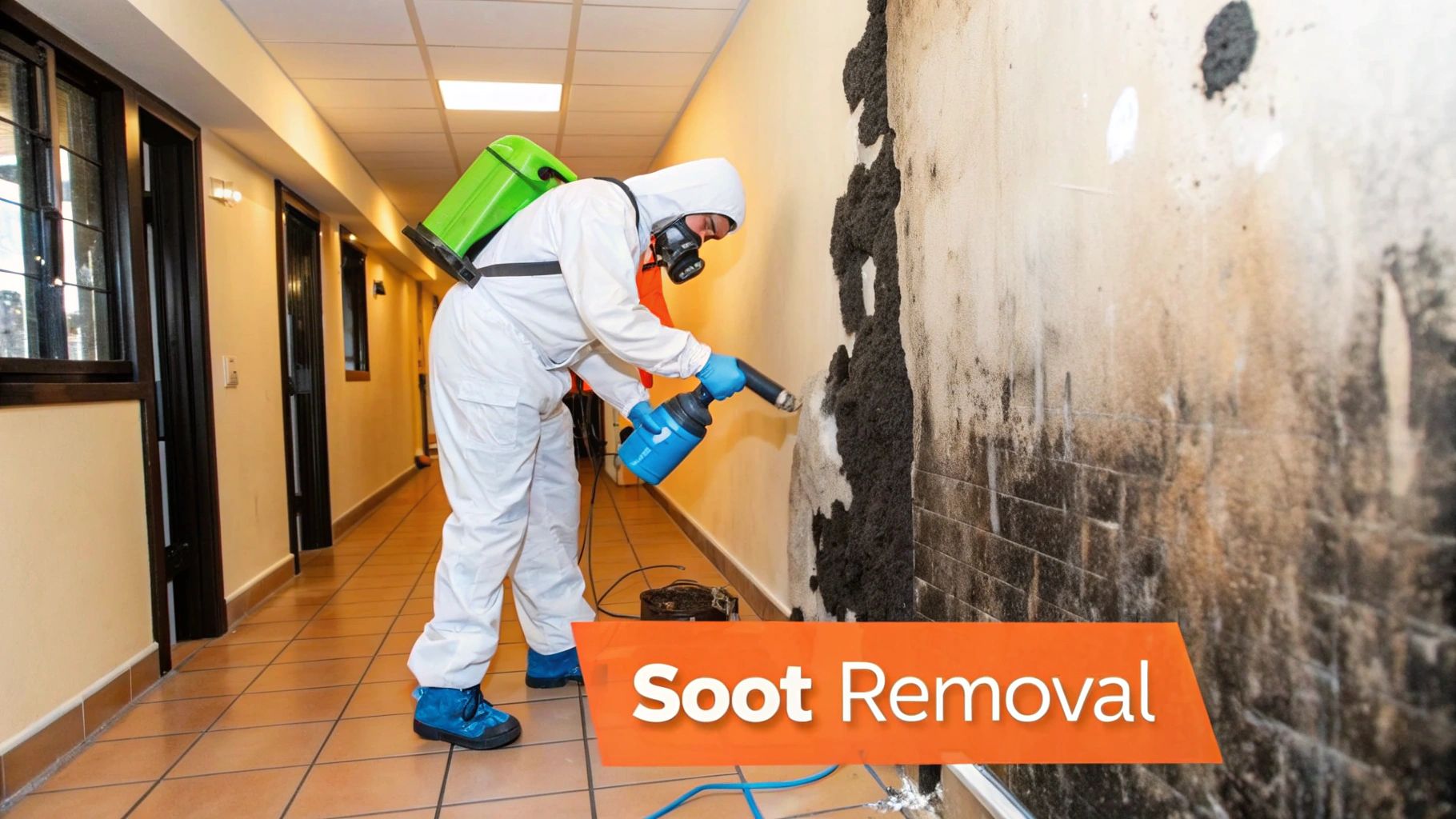 Professional in protective gear using a spray device for soot removal from a wall in a fire-damaged interior, highlighting fire damage restoration efforts by Sparkle Restoration Services.