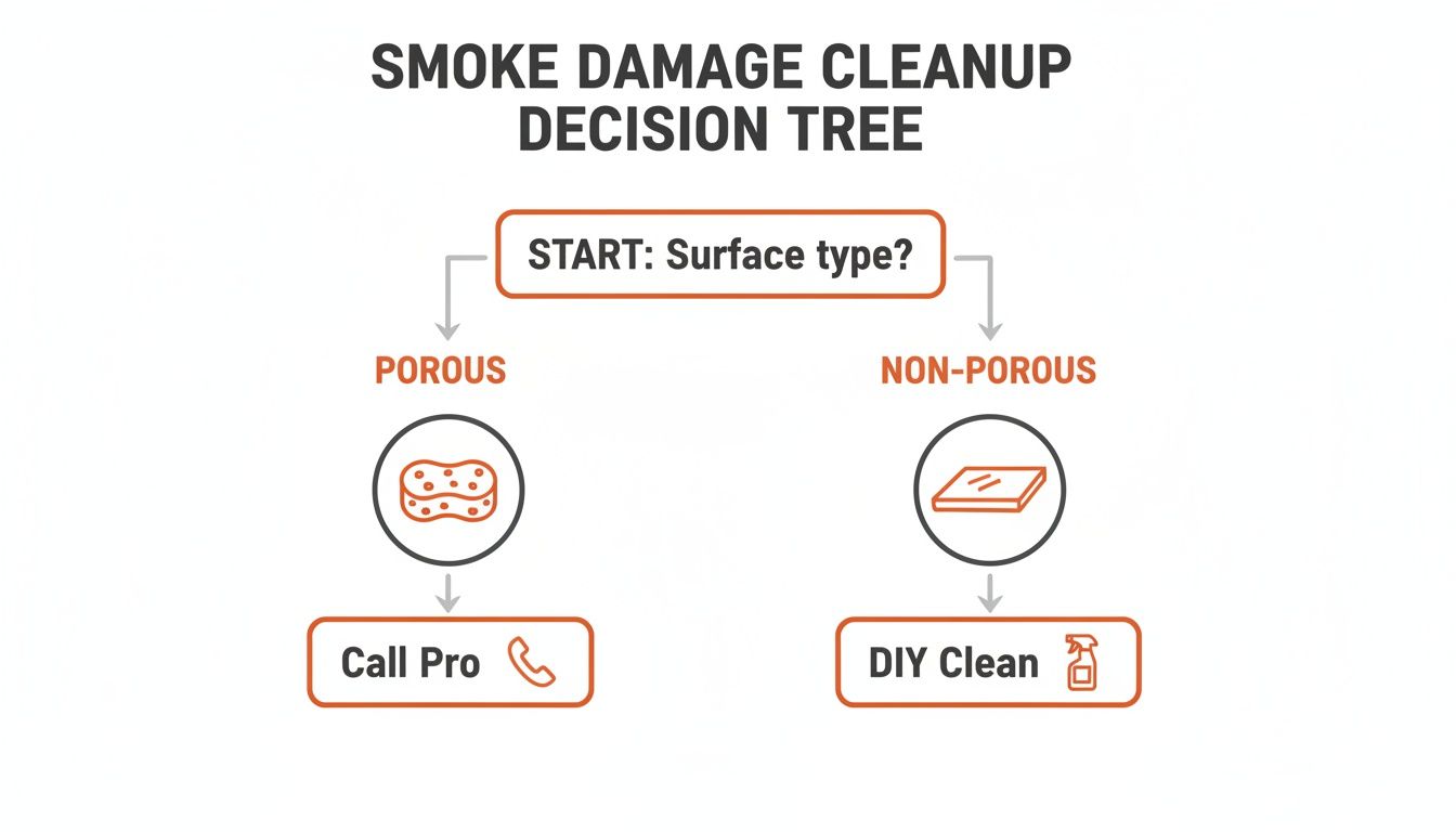 Decision tree for smoke damage cleanup, guiding users to call a pro for porous surfaces or DIY clean non-porous surfaces.