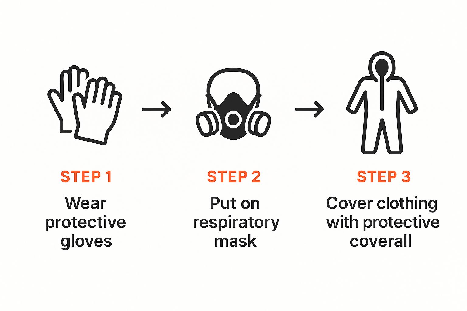 Visual guide illustrating personal protective equipment (PPE) steps for soot cleaning: gloves, respiratory mask, and coverall.